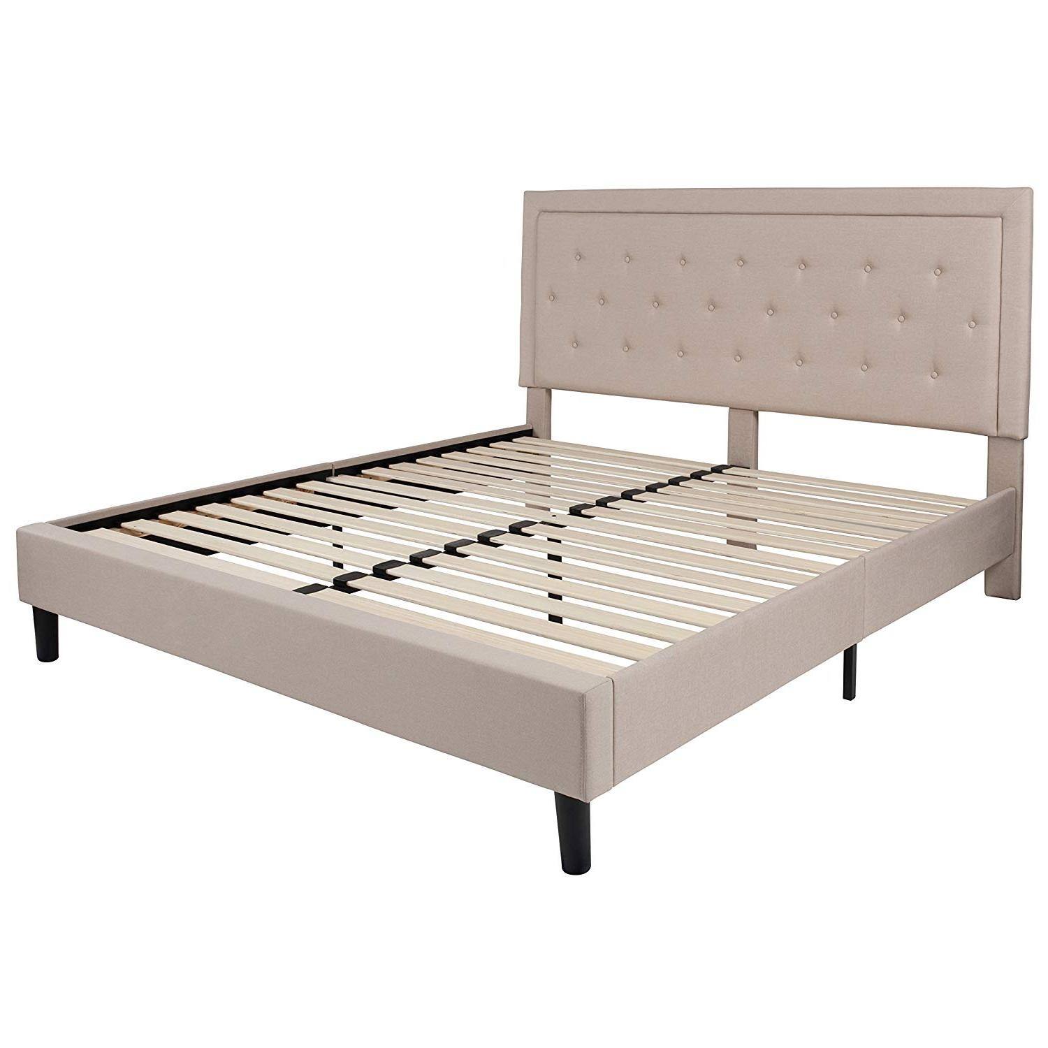 Angle. Hivvago - Hivvago King Upholstered Platform Bed Frame with Button Tufted Headboard - Beige.