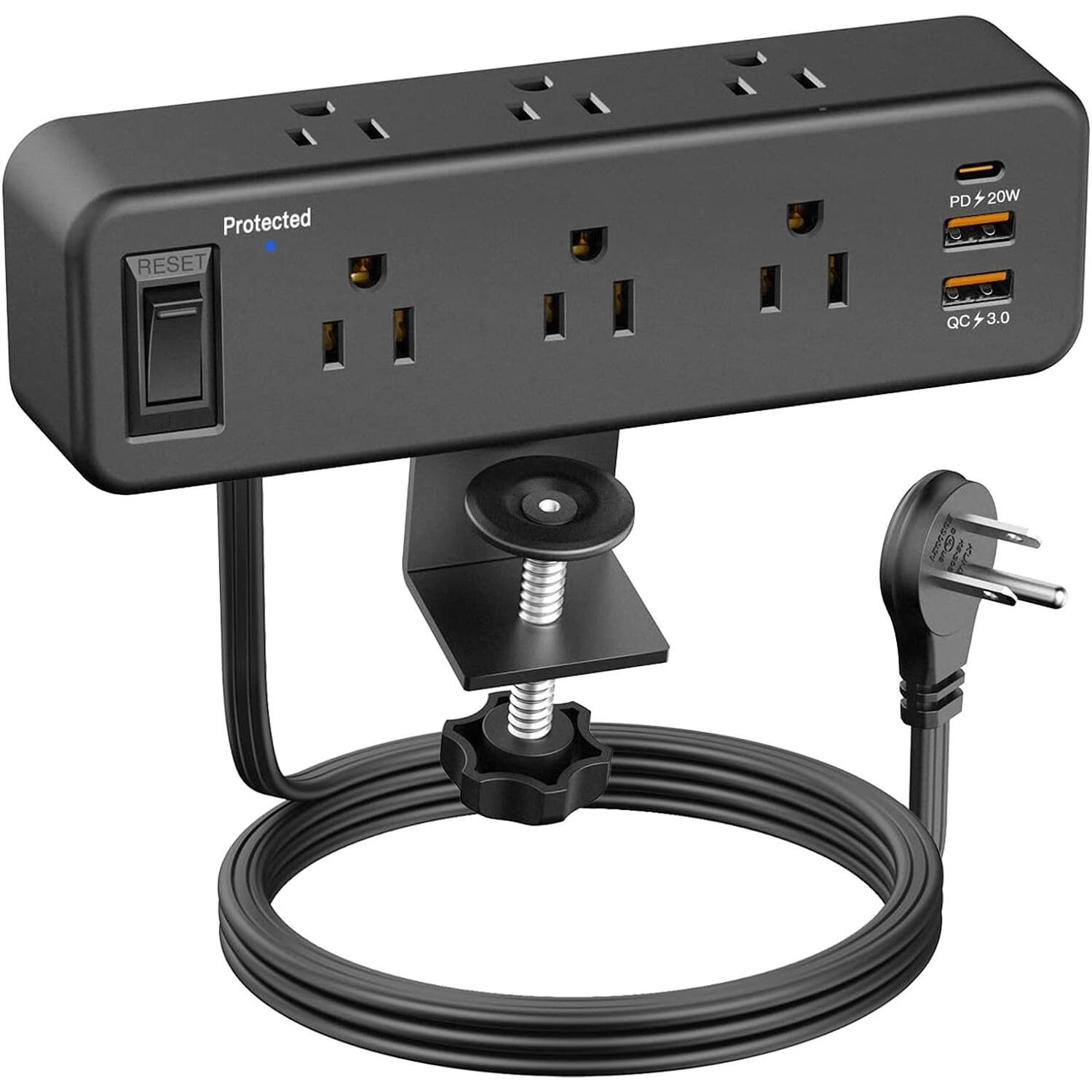 PARKER SLATER - Desk Clamp Power Strip with PD 20W USB-C, 6 Outlets, Switch, 6FT Flat Plug Cord, Fits 1.8" Thick Desk Edge - Black