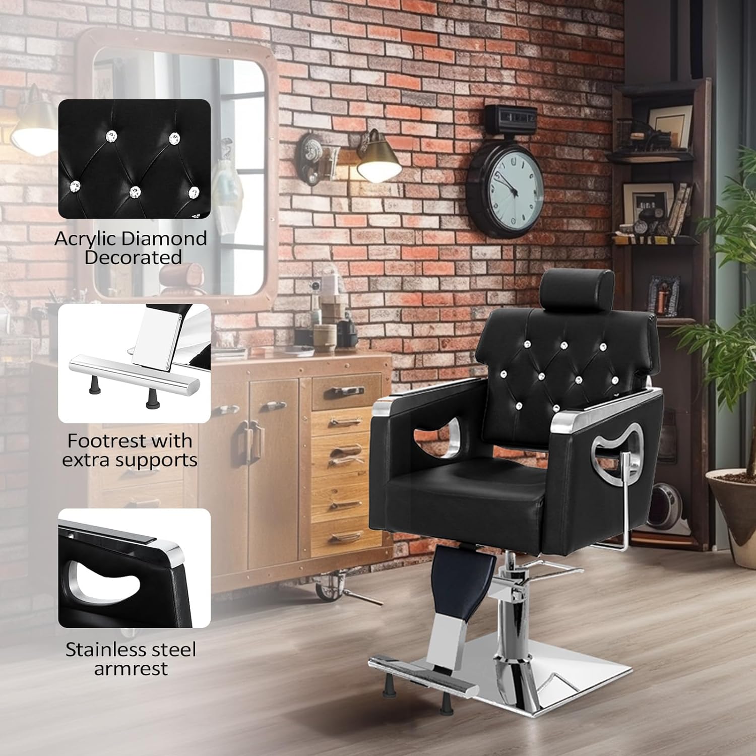 1. Acrylic Diamond Decorated
2. Footrest with extra supports
3. Stainless steel armrest