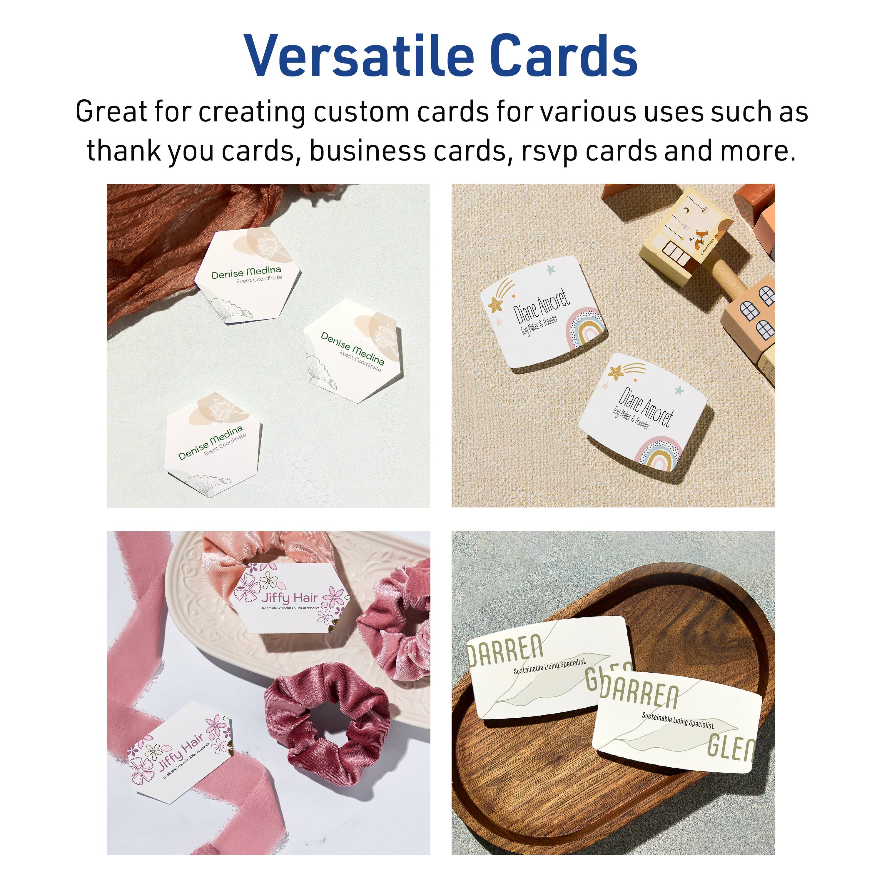 Versatile Cards

Great for creating custom cards for various uses such as thank you cards, business cards, rsvp cards and more.

Denise Medina  
Event Coordinator

Diane Amoret  
by Diane Amoret

Jiffy Hair  
Hair Extensions

DARREN  
Sustainable Living Specialist

GLEN  
Sustainable Living Specialist