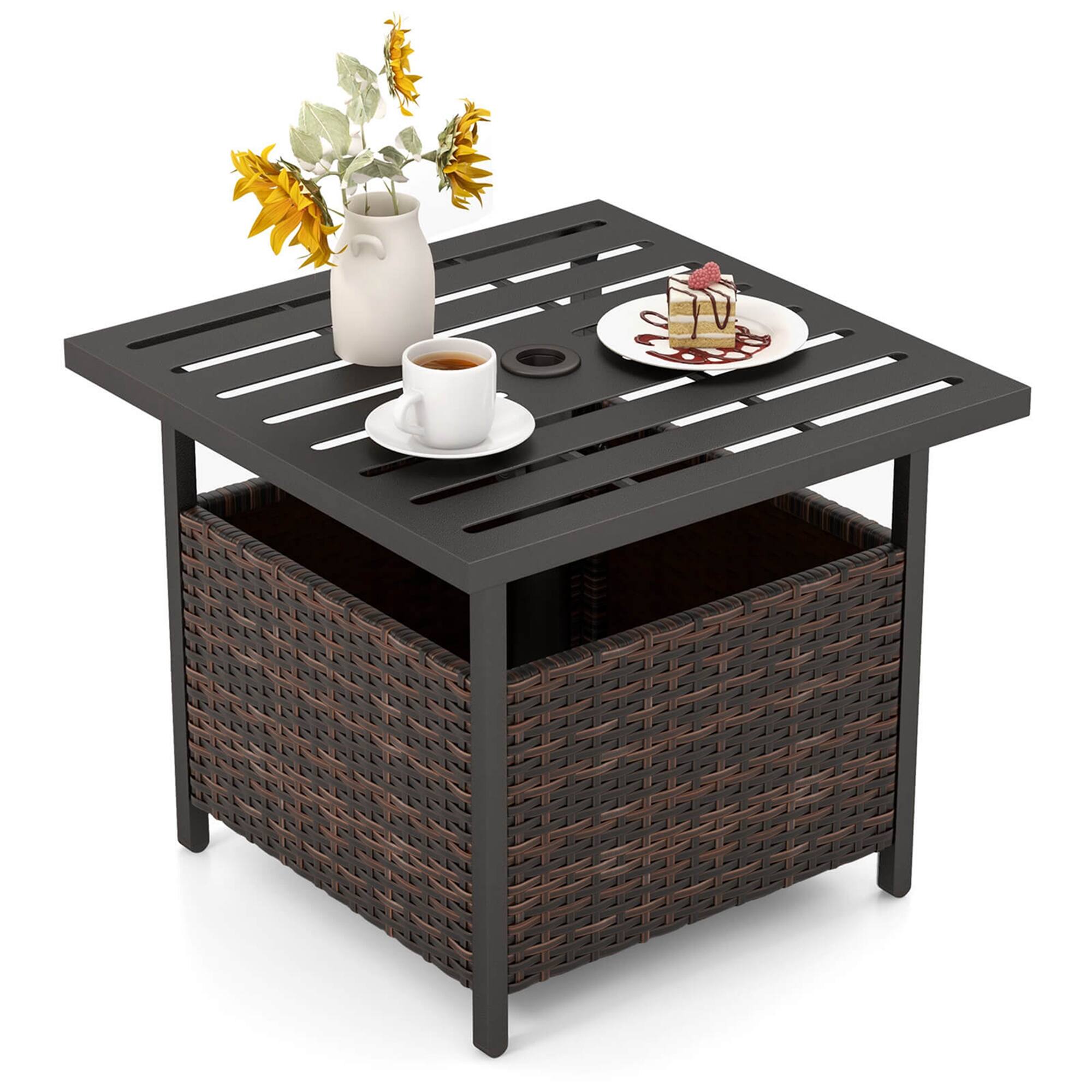 Front. Costway - Costway Rattan Wicker Steel Side Table Outdoor Furniture Deck Garden Patio Pool - Brown.