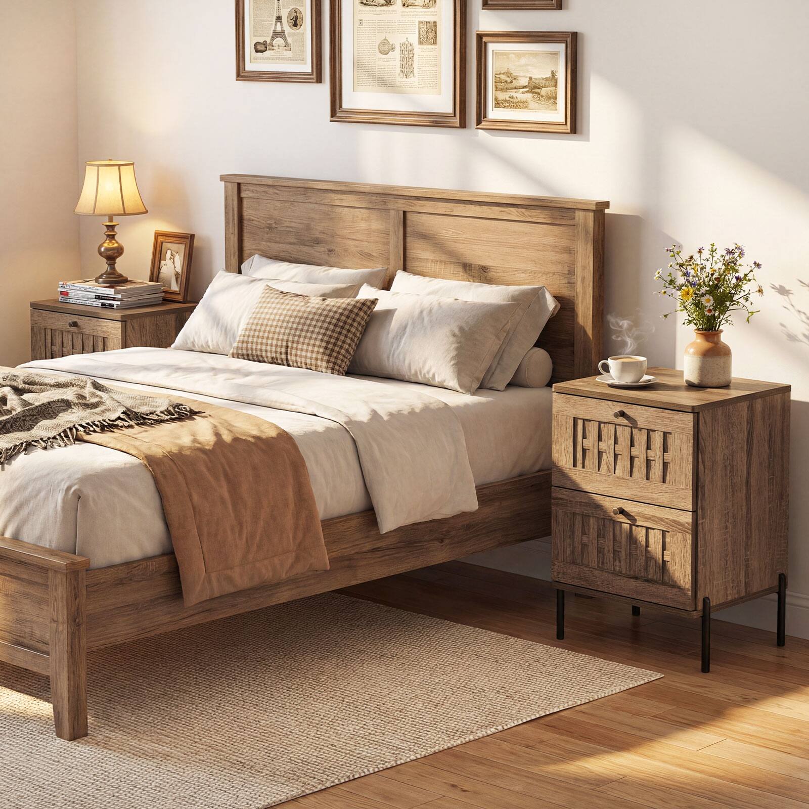 Alt View 8. Gymax - Gymax Nightstand w/2 Woven Storage Drawers Metal Support Legsfor BedroomRustic Oak - Yellow.