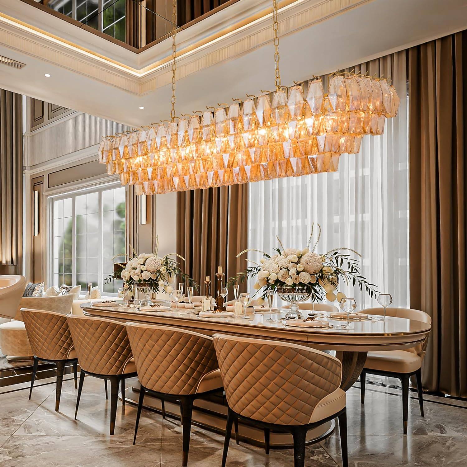 Alt View 1. Tiramisubest - 54" Modern Large Rectangle Gold Chandelier,12-Light with Smoke Glass Ceiling Lights,Farmhouse Pendant Lighting Fixture - Gold.