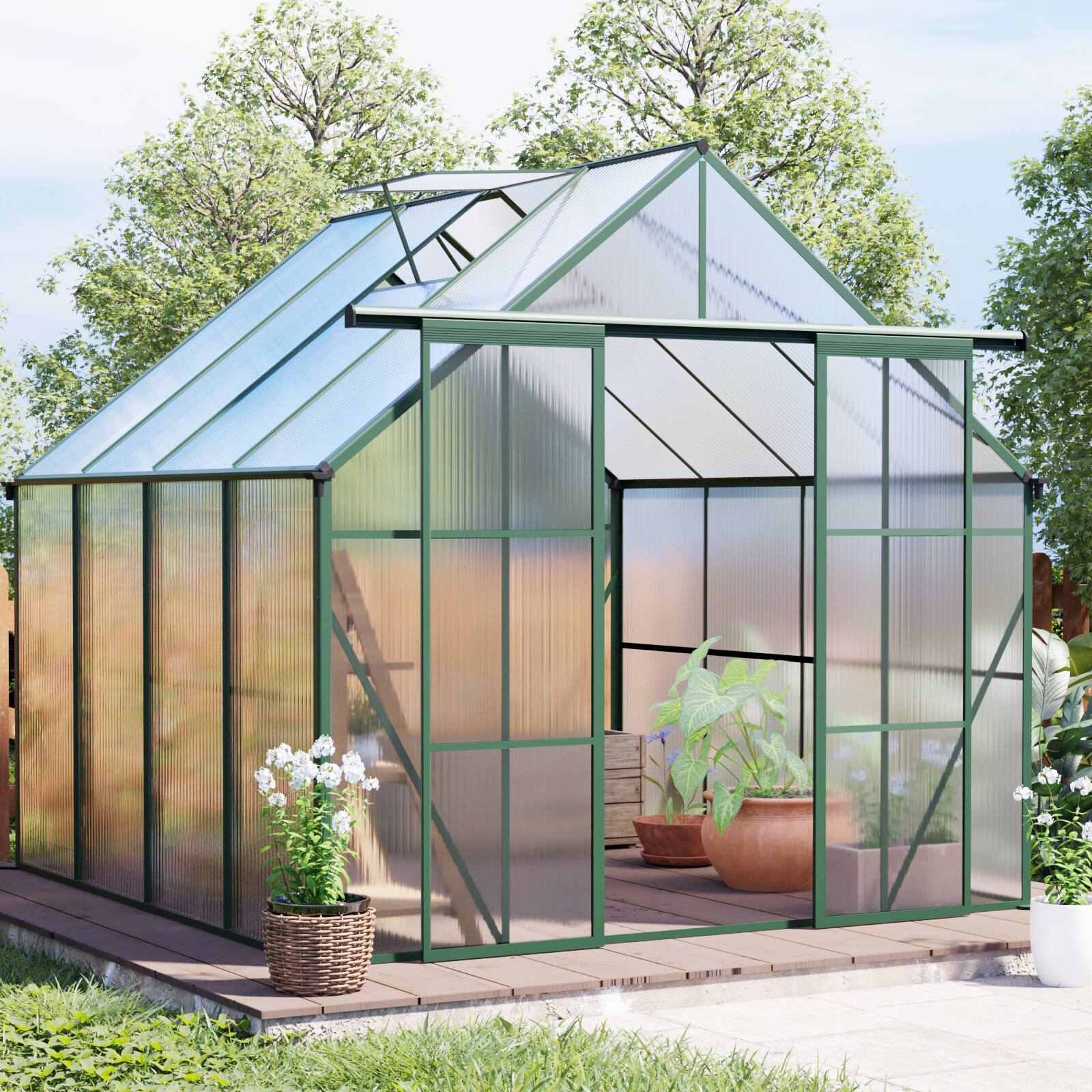 Left. Mondawe - 8x8 FT Double Door Polycarbonate Greenhouse - Green.