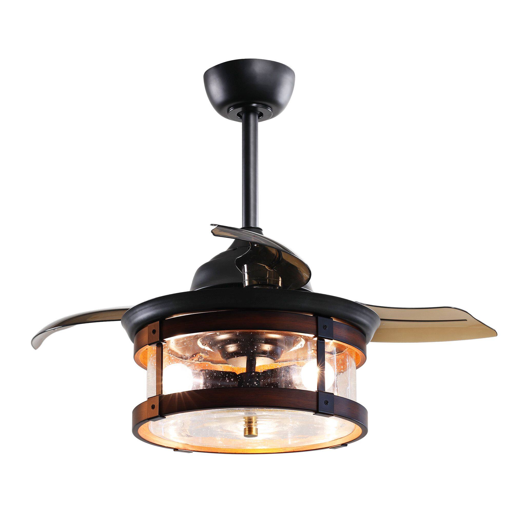 Parrot Uncle - 36" Industrial Retractable 3-Blade Ceiling Fan Chandelier with Remote - Matte Black