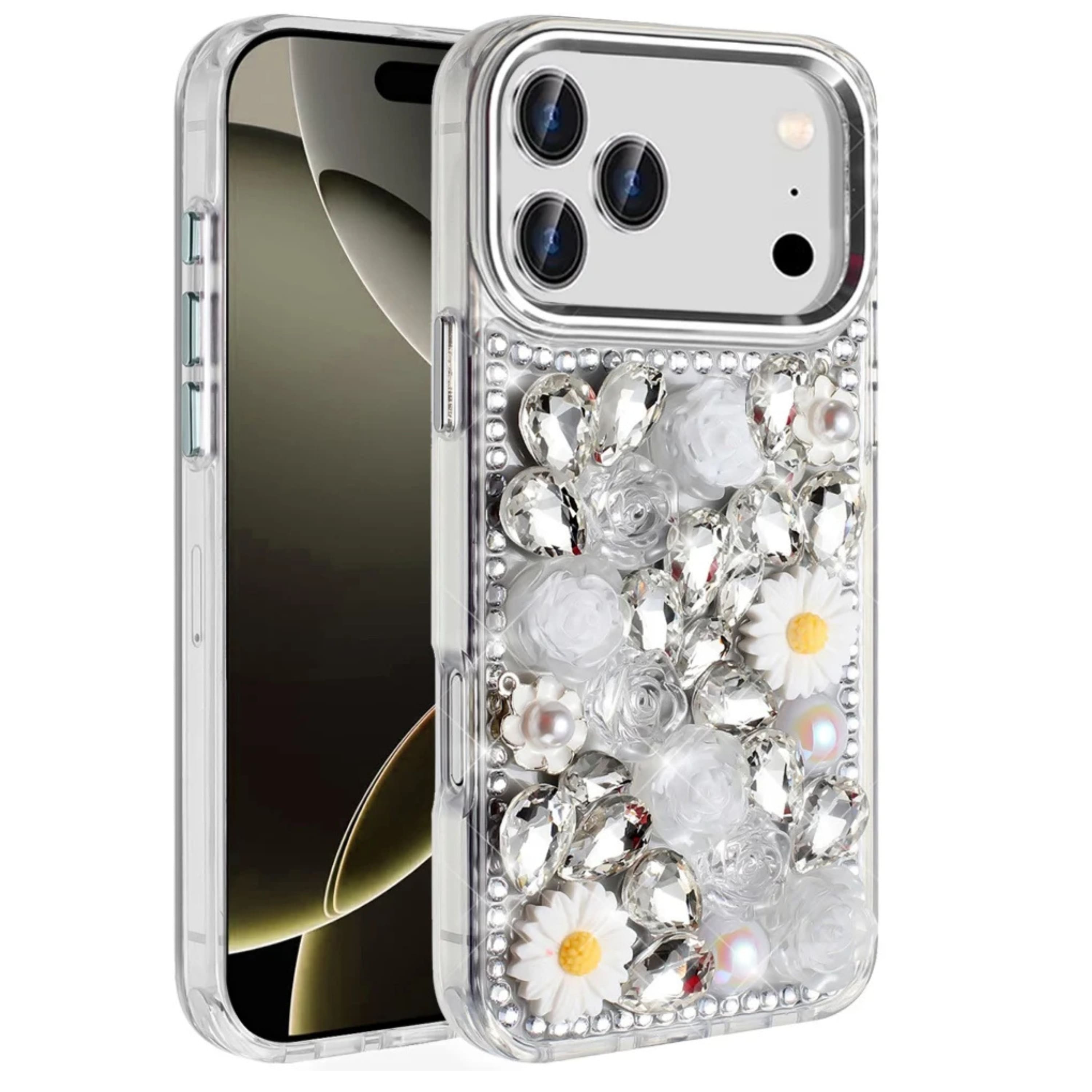Kitcheniva - Full 3D Bling Jewel Floral Case With Tempered Glass For iPhone 17 Pro - White price history on PriceWatchPro