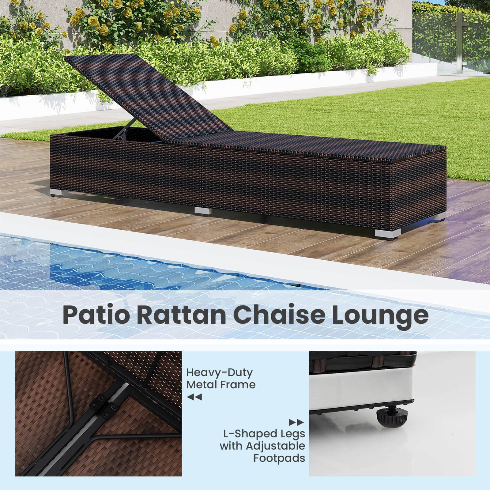 Patio Rattan Chaise Lounge
Heavy-Duty Metal Frame
L-Shaped Legs with Adjustable Footpads