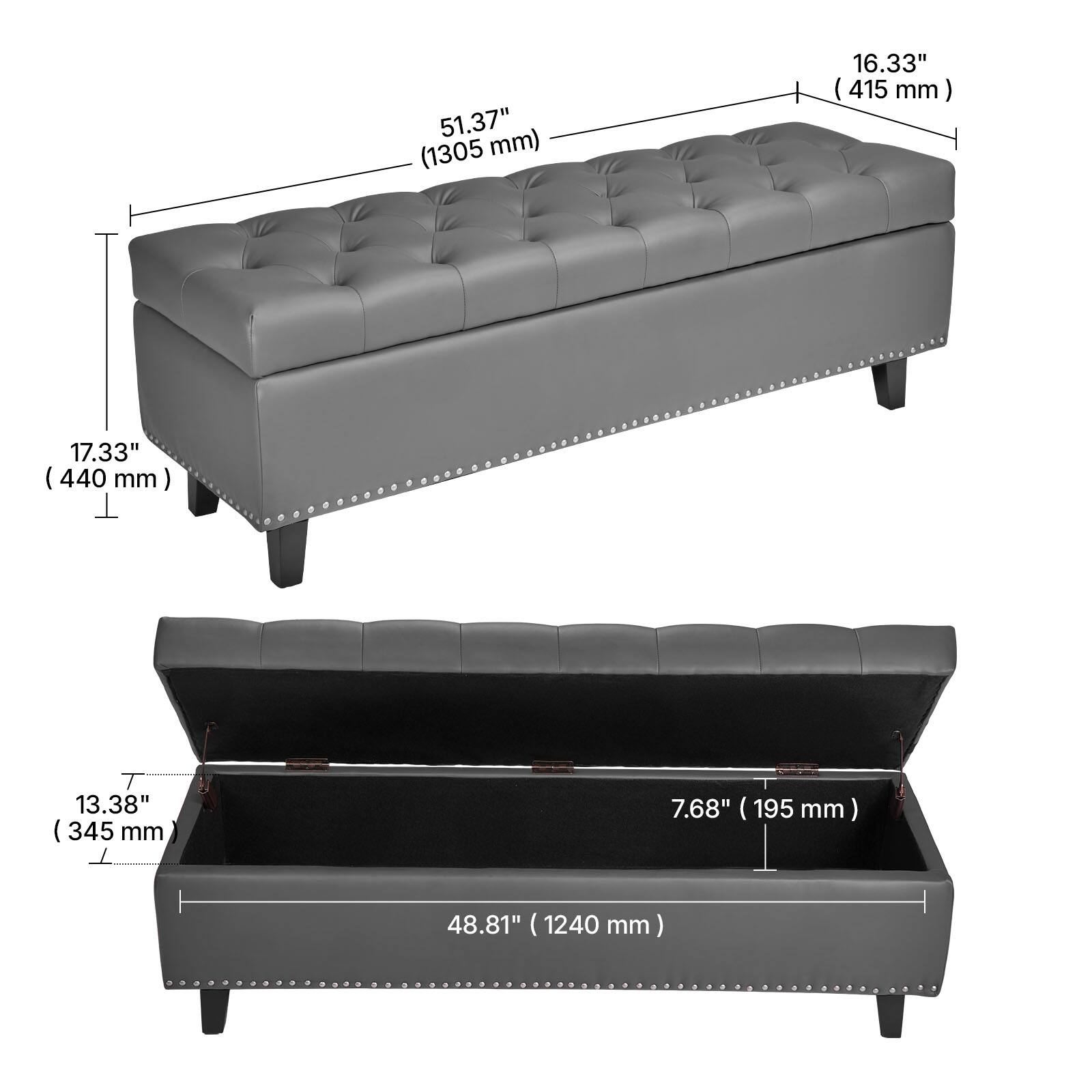 51.37" (1305 mm)  
16.33" (415 mm)  
17.33" (440 mm)  
13.38" (345 mm)  
7.68" (195 mm)  
48.81" (1240 mm)