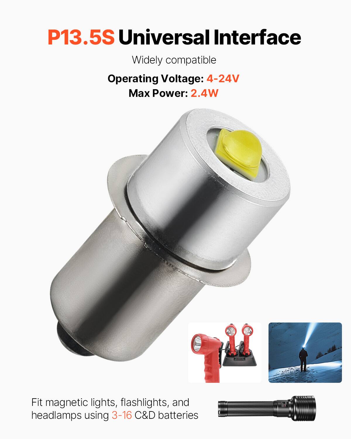 P13.5S Universal Interface  
Widely compatible  
Operating Voltage: 4-24V  
Max Power: 2.4W  

Fit magnetic lights, flashlights, and headlamps using 3-16 C&D batteries