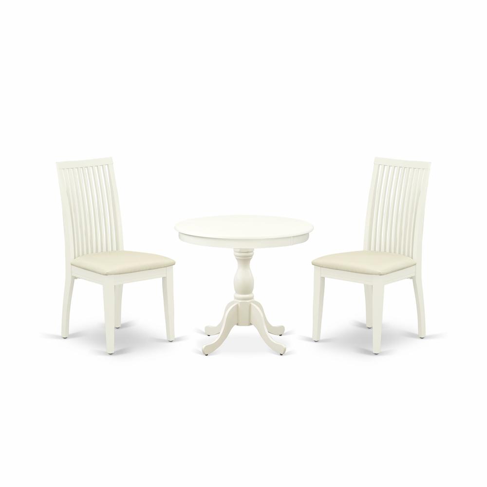 Angle. East West Furniture - AMIP3-LWH-C 3 Piece Dining Table Set - 1 Dinner Table and 2 Linen White Kitchen Chairs - Linen White Finish - Linen White.