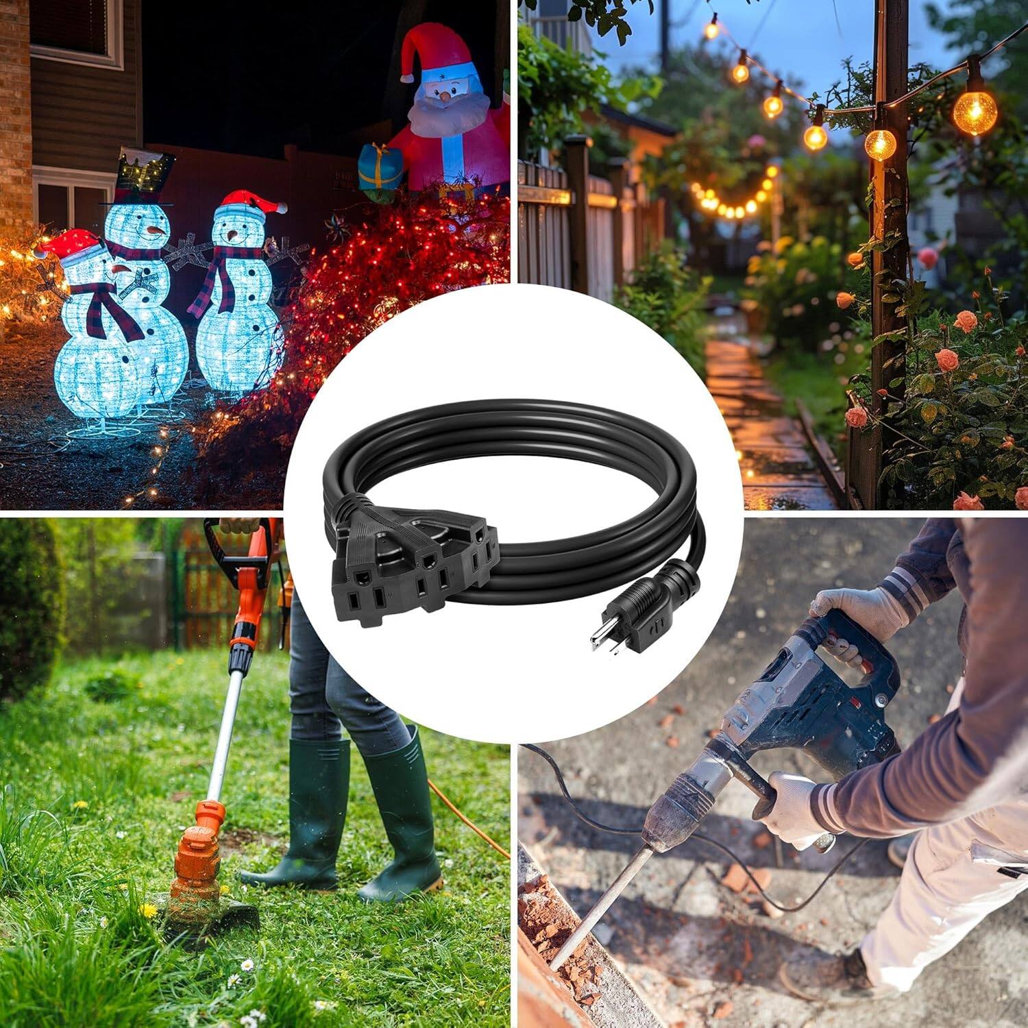 Alt View 3. BN-LINK - BN-Link 2-Pack 10ft Outdoor Extension Cord, 3 Outlets, 13A/1625W, Black, for Holiday & Garden Use - Black.