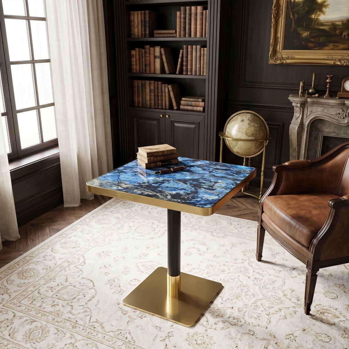 Alt View 8. Loheer - Loheer Small Square Dining Table, Blue Agate Marble Look Top with Gold Edge, 23.7-Inch Bistro Table - Black, Blue, Gold.