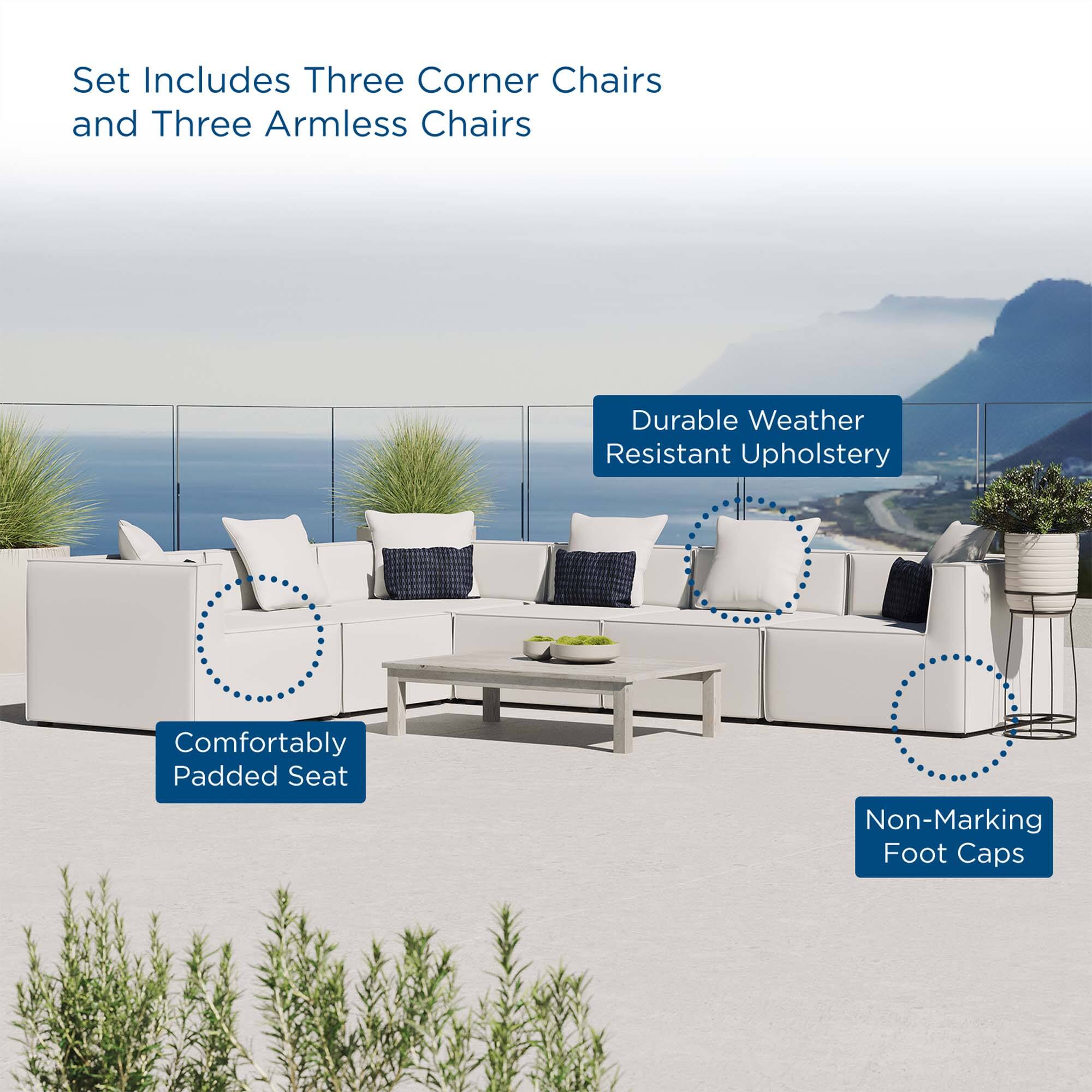 Set Includes Three Corner Chairs and Three Armless Chairs

- Durable Weather Resistant Upholstery
- Comfortably Padded Seat
- Non-Marking Foot Caps