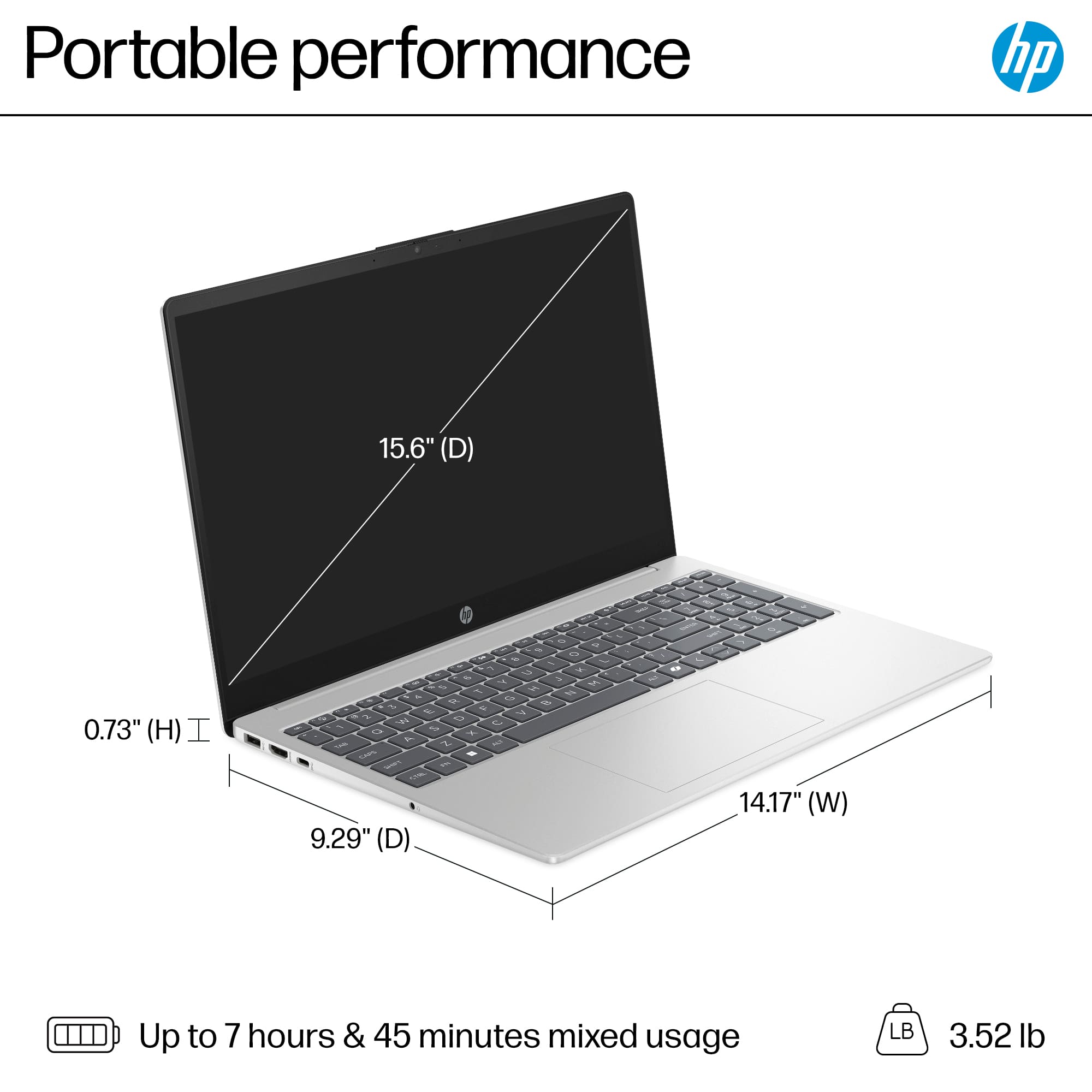 Portable Performance HP 15.6" (D) 0.73" (H) 0.73" (W) Up to 7 hours & 45 minutes mixed usage 3.52 lb