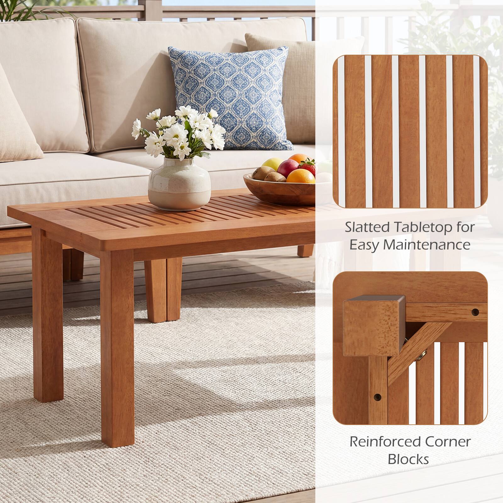 Slatted Tabletop for Easy Maintenance  
Reinforced Corner Blocks