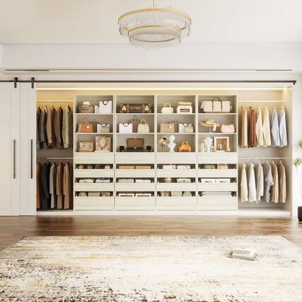 Front. Aheaplus - 4-Pack Modular Closet System, 4-36ft Expandable Wardrobe Organizer with 16 Drawers & Hanging Rods - White Oak.