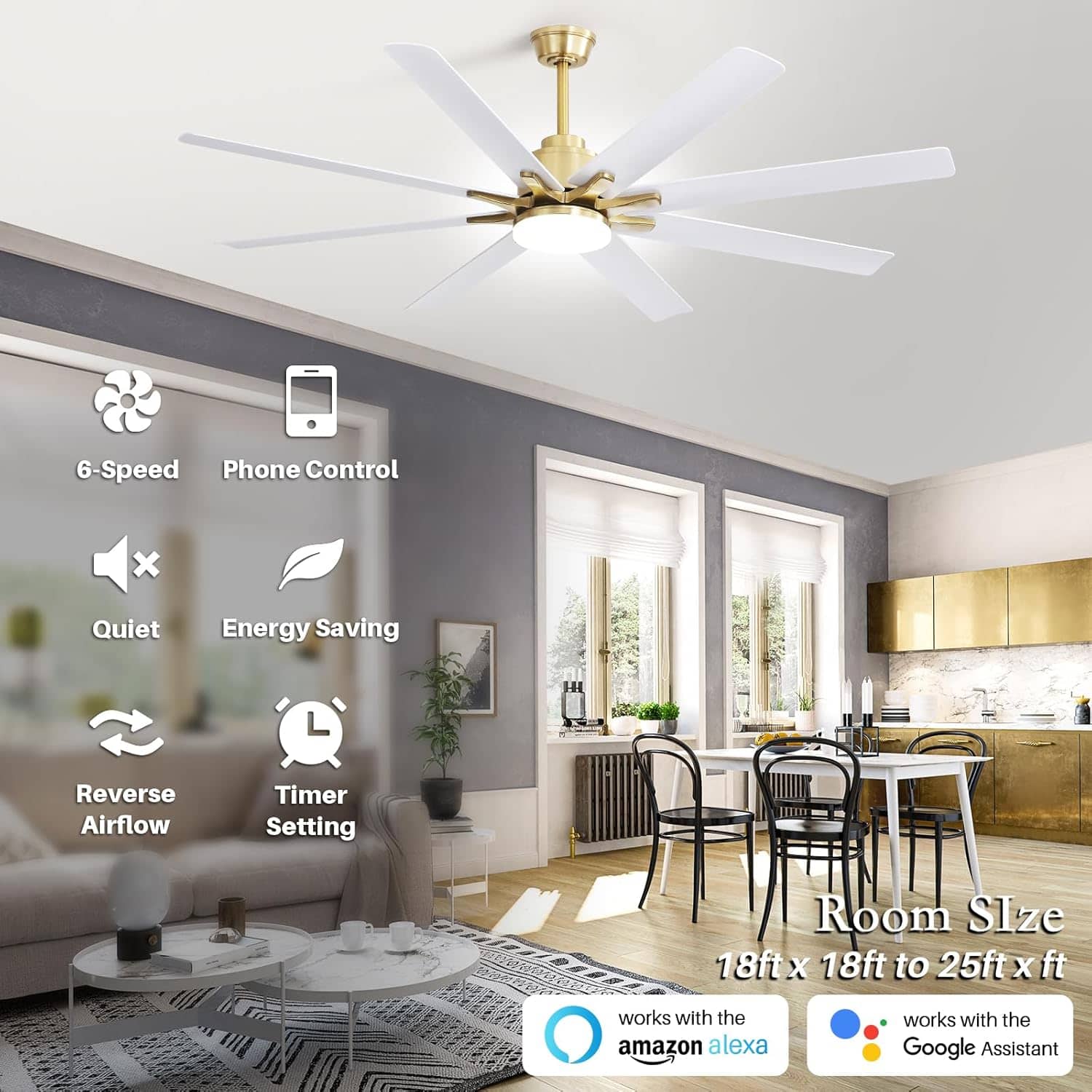Sofucor - Smart APP 8 Arm Fan 66'' Ceiling Fan with LED Light Kit & Remote Control Extra Large Farmhouse Ceiling Fan - Gold White
