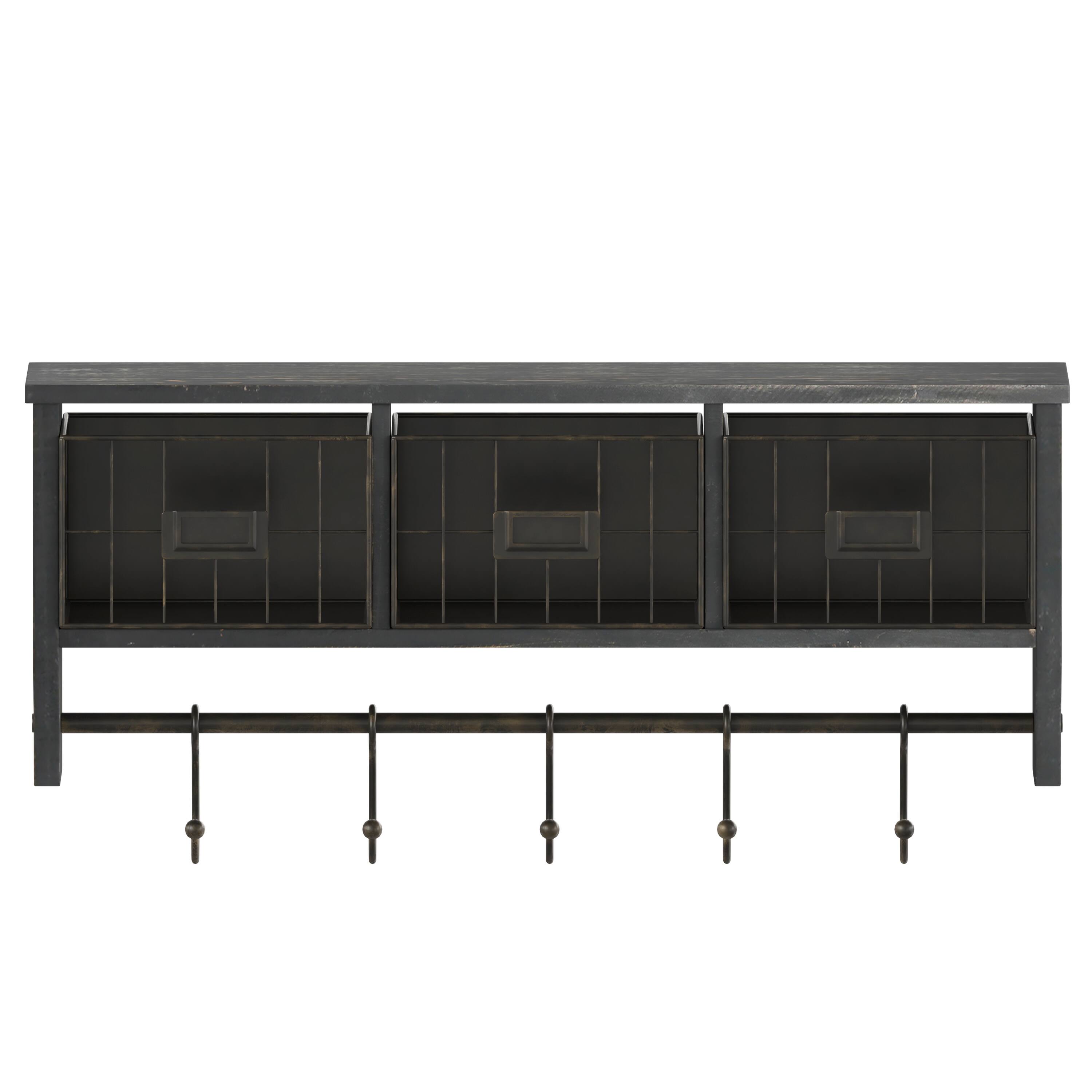 Alt View 9. Emma + Oliver - Mulhall Rustic Country Wall Mounted Shelf with 5 Adjustable Sliding Hooks and Three Wire Storage Baskets - Black Wash.