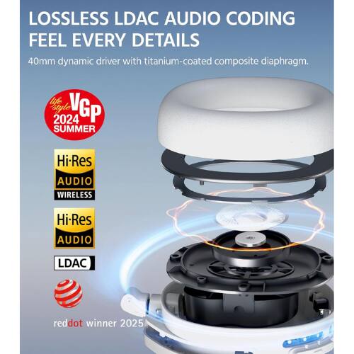 LOSSLESS LDAC AUDIO CODING  
FEEL EVERY DETAILS  

40mm dynamic driver with titanium-coated composite diaphragm.  

life, style 2024 VGP P SUMMER  

Hi-Res AUDIO WIRELESS  
Hi-Res AUDIO  
LDAC  

reddot winner 2025