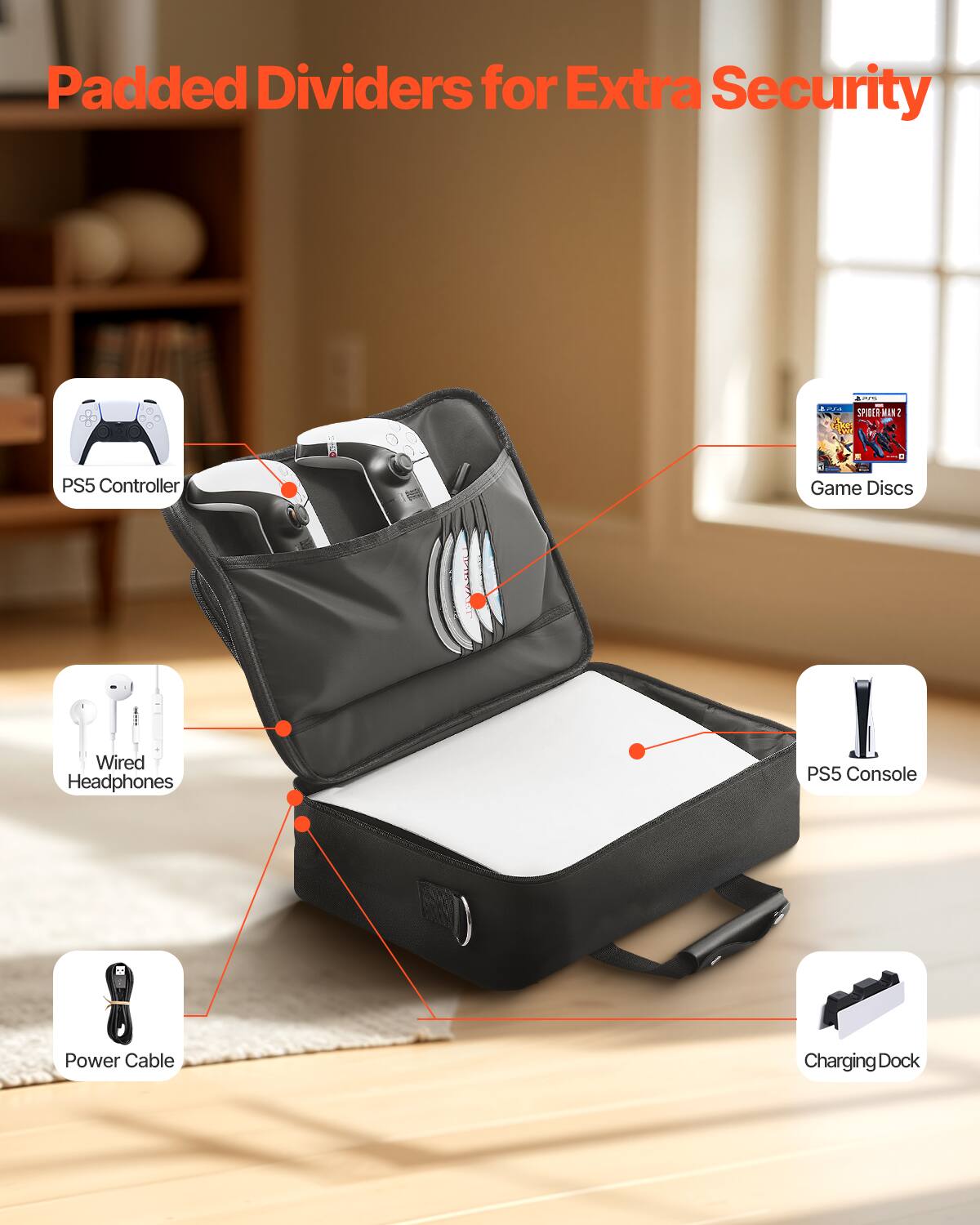 Padded Dividers for Extra Security

- PS5 Controller
- Wired Headphones
- Game Discs
- PS5 Console
- Power Cable
- Charging Dock