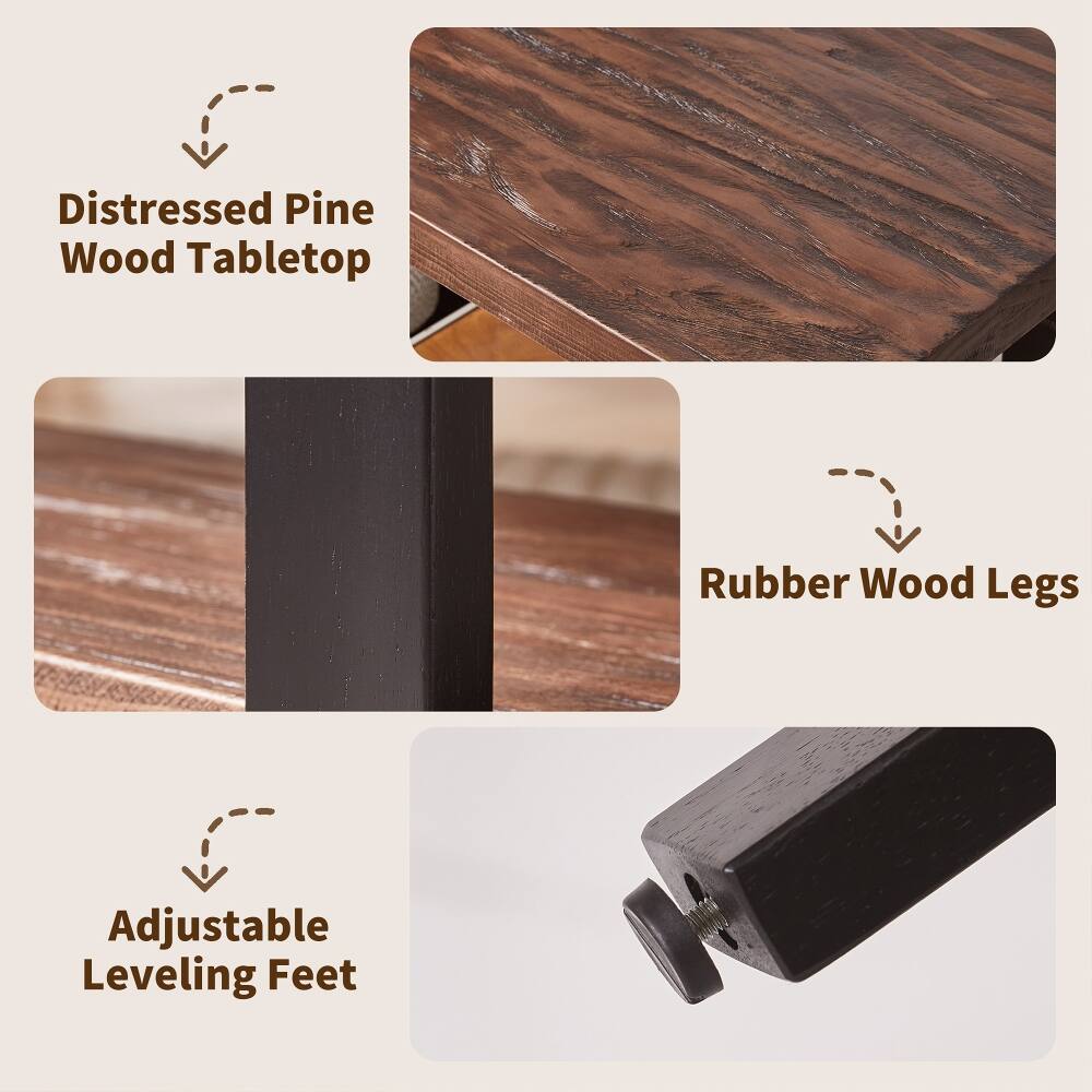 Distressed Pine Wood Tabletop  
Rubber Wood Legs  
Adjustable Leveling Feet