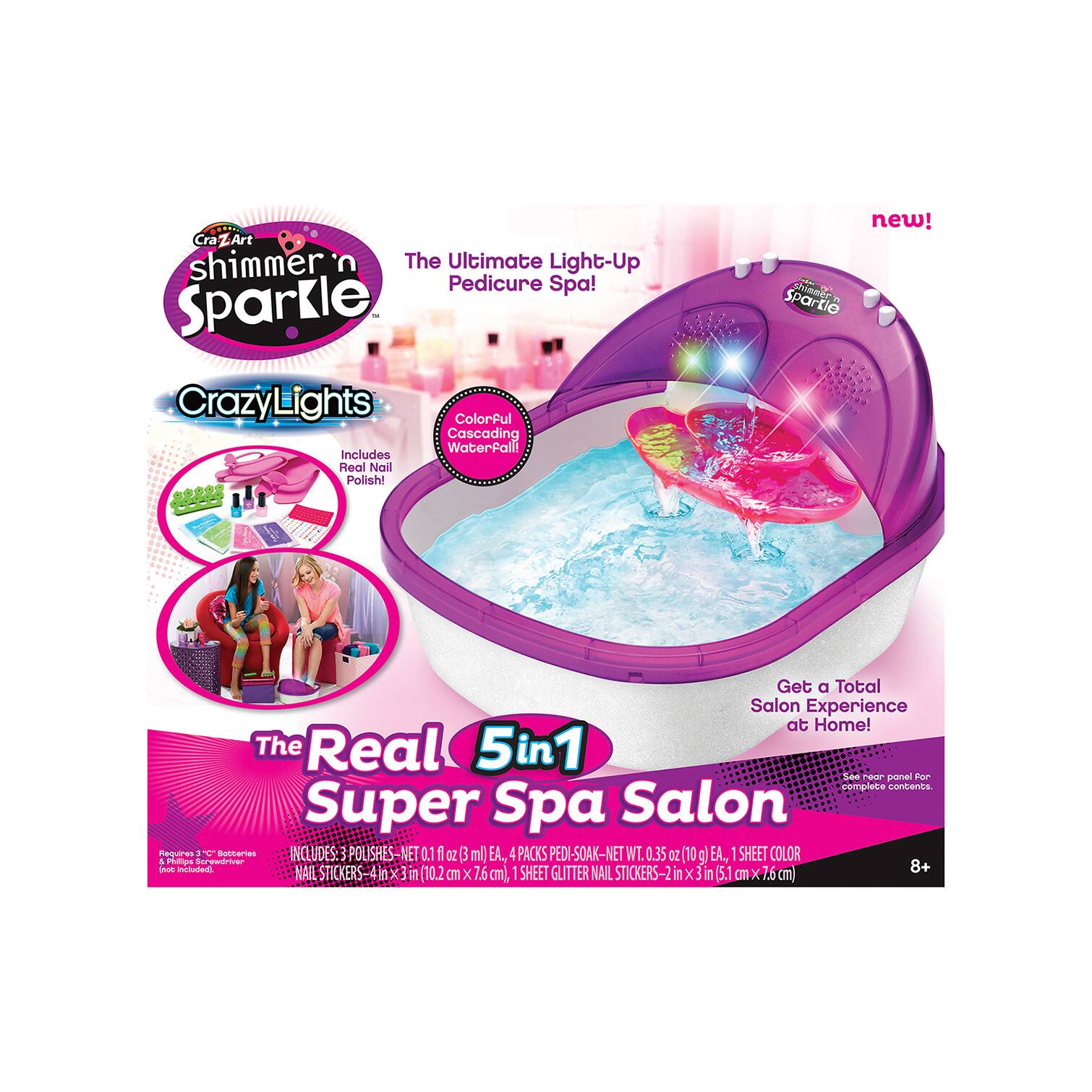 The Ultimate Light-Up Pedicure Spa! Shimmer U - CrazyLights Colorful Cascading WaterFall! Includes Real Nail Polish! Get a Total Salon Experience at Home! The Real 5in1 Super Spa Salon Requires - sunlight Nail Polishes (Net 0.1 oz/3 ml) EA, 4 Packs Pedi-Soak-Net Wt. 0.35 oz (10 g EA, 1 Sheet Color & Pattern Sticker Sheets) 4hx3 7.6 cm) 1 Sheet Glitter Nail Stickers-2 7.6 cm (10.2 cm x 5.1 cm)