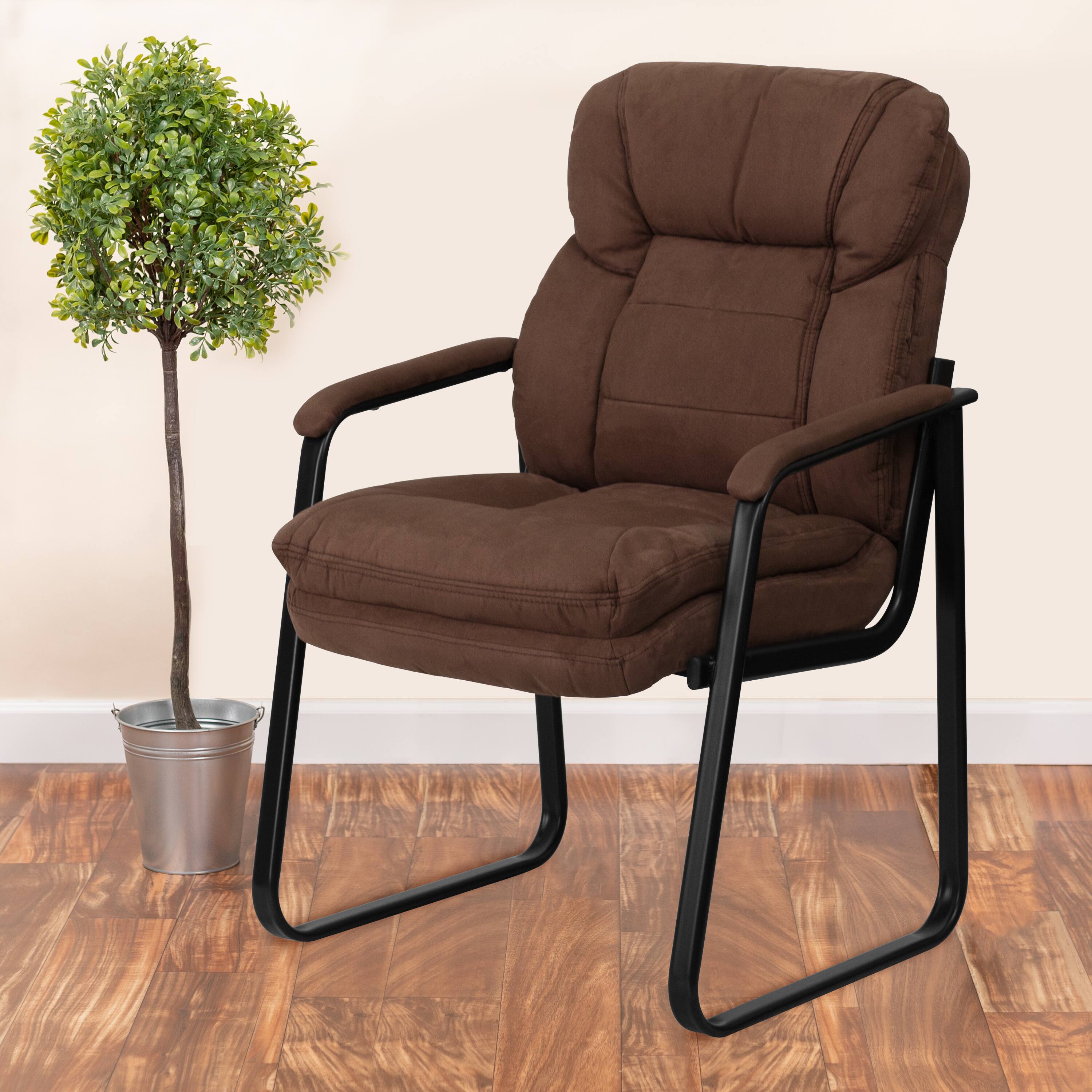 Alt View 1. Emma + Oliver - Executive Side Reception Chair with Lumbar Support and Sled Base - Brown Microfiber.