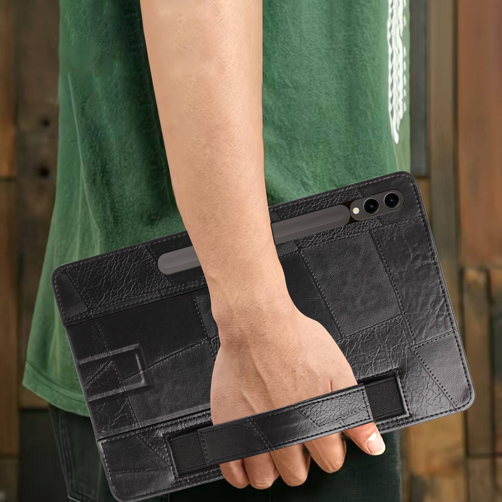 Alt View 2. Dteck - Leather Texture Case for Samsung Galaxy Tab S10 FE+, Shockproof Cover with Multi-Angle Stand and Secure Hand Strap - Black.