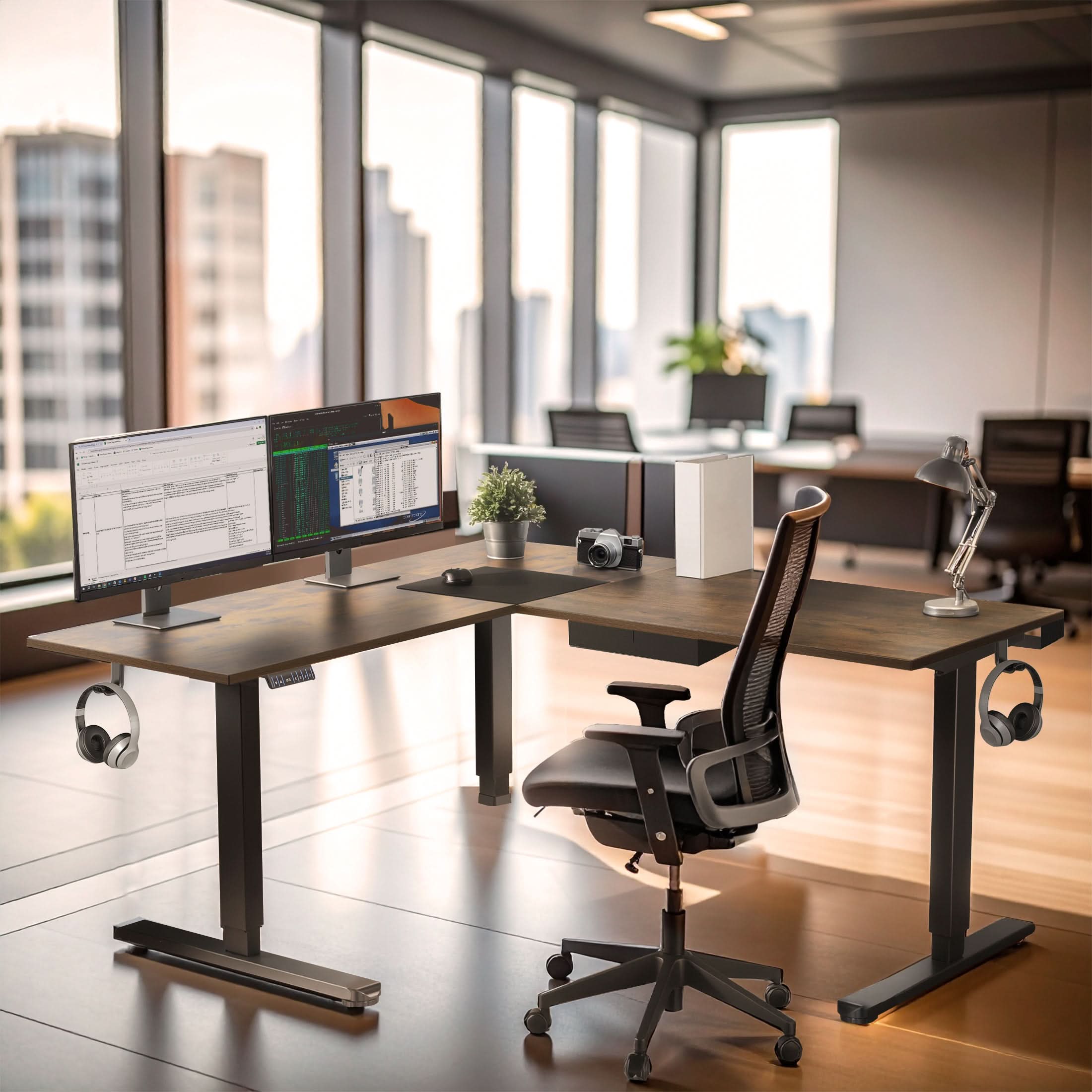 Angle. Mount-It! - XL Electric Height Adjustable Corner Standing Desk with Dual Motor and Memory Presets, Black Frame and Brown Tabletop - Brown.