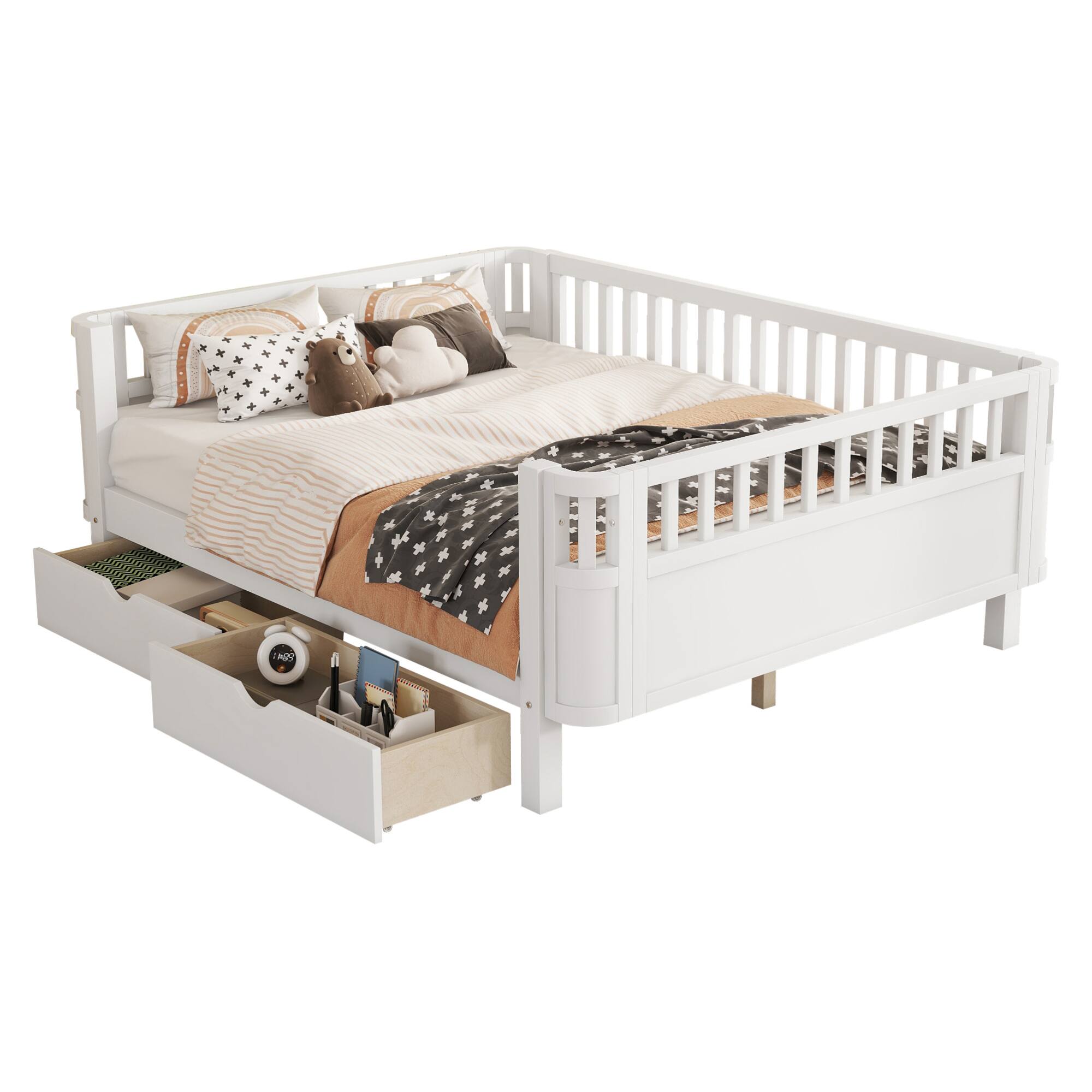 Alt View 9. GOODSILO - Full Size Wood Platform Bed with Safety Rails for Children's Rooms, Sturdy Low Profile Design for Kids and Teens - White.