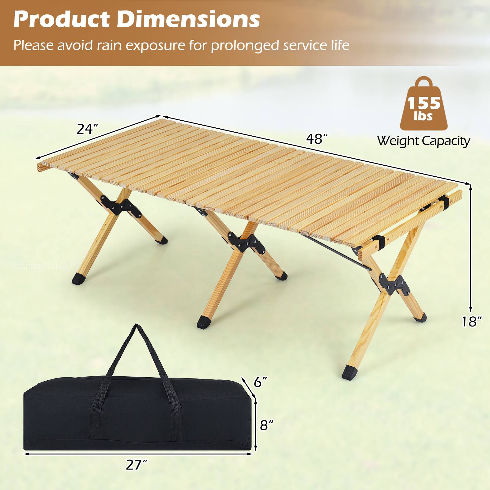 Product Dimensions  
Please avoid rain exposure for prolonged service life  

24" x 48"  
Weight Capacity: 155 lbs  

18" x 6" x 8"  
27" (bag)