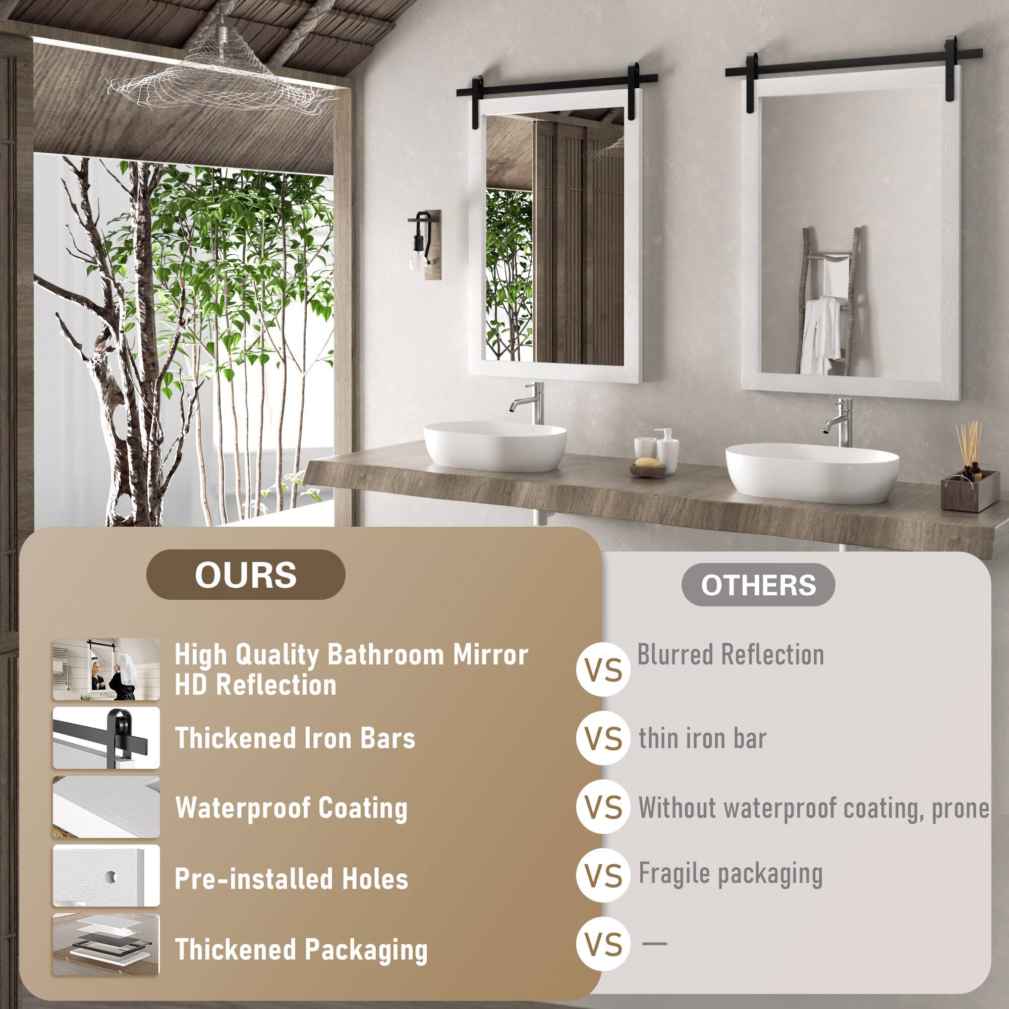 **OURS**

- High Quality Bathroom Mirror
- HD Reflection
- Thickened Iron Bars
- Waterproof Coating
- Pre-installed Holes
- Thickened Packaging

**OTHERS**

- Blurred Reflection
- thin iron bar
- Without waterproof coating, prone
- Fragile packaging