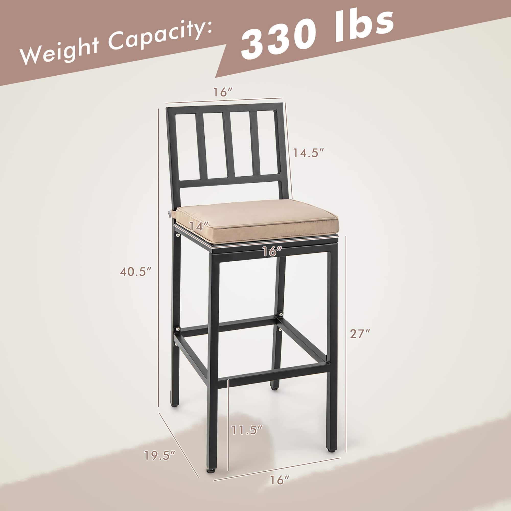 Capacity: 330 lbs
Weight: 16" 14.5" 14" 1 40.5" 16" 27" 11.5" 19.5" 16"