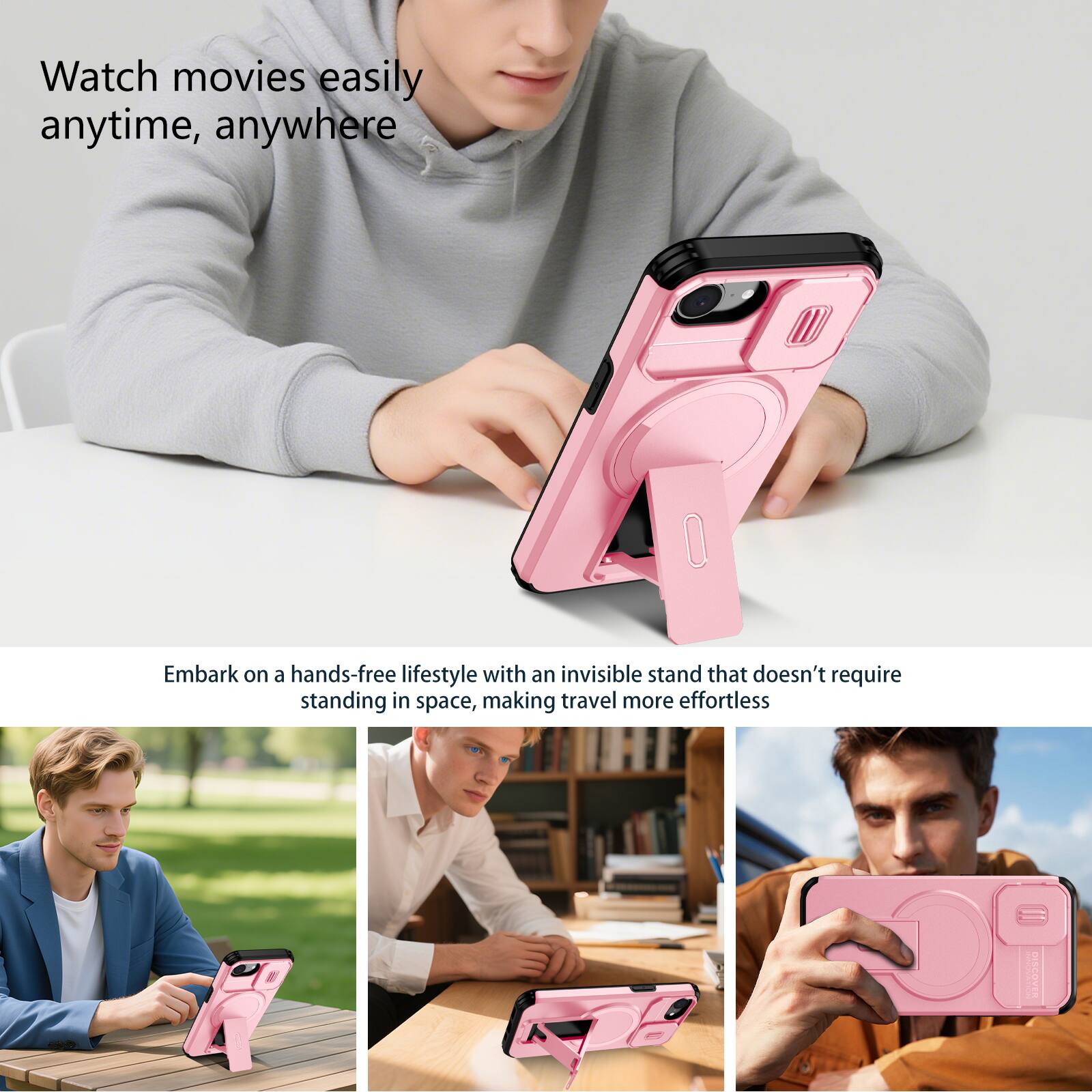 Watch movies easily anytime, anywhere

Embark on a hands-free lifestyle with an invisible stand that doesn't require standing in space, making travel more effortless