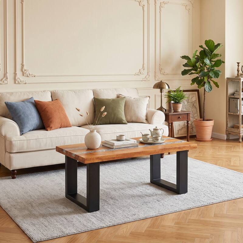 Angle. WELLFOR - Rectangular Coffee Table with Epoxy Tabletop, Teak Wood Patio Table with Metal Leg for Living Room - Natural.