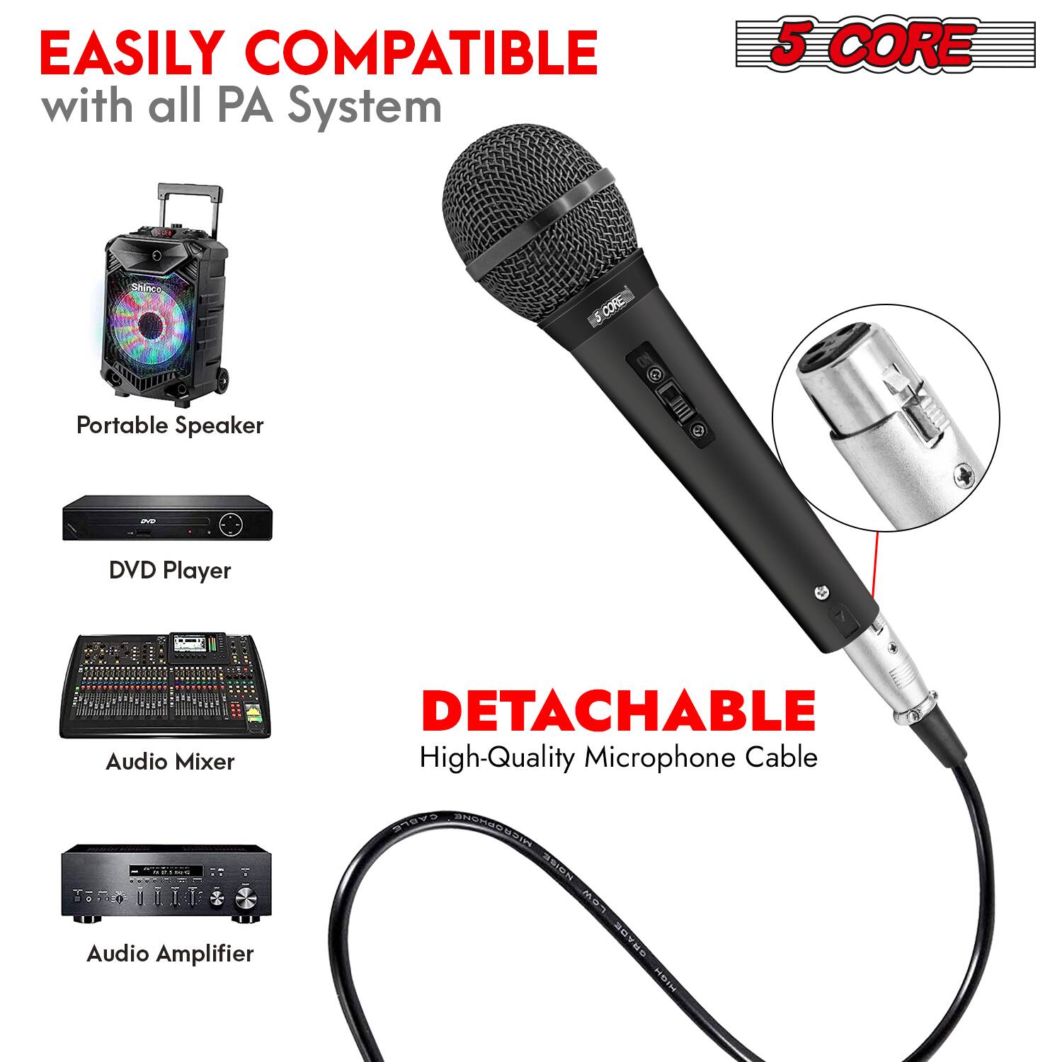 EASILY COMPATIBLE with all PA System

5 CORE

Portable Speaker
DVD Player
Audio Mixer
Audio Amplifier

DETACHABLE High-Quality Microphone Cable