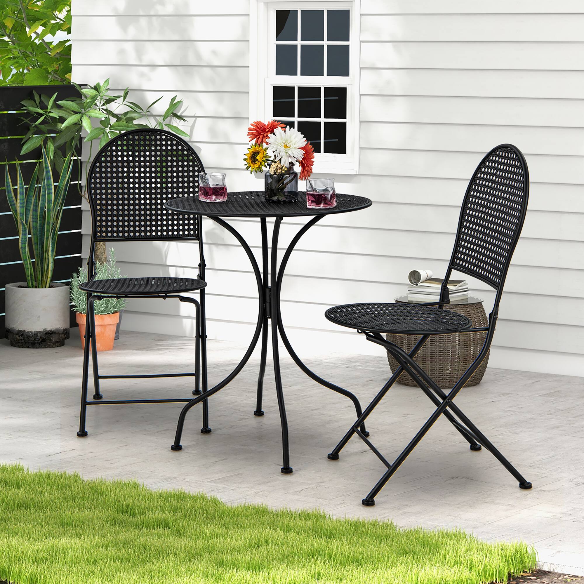 Alt View 1. Gymax - Gymax 3 PCS Patio Bistro Set All-weather Metal Table & Chair Set for 2 Person Modern Furniture Set - Black.