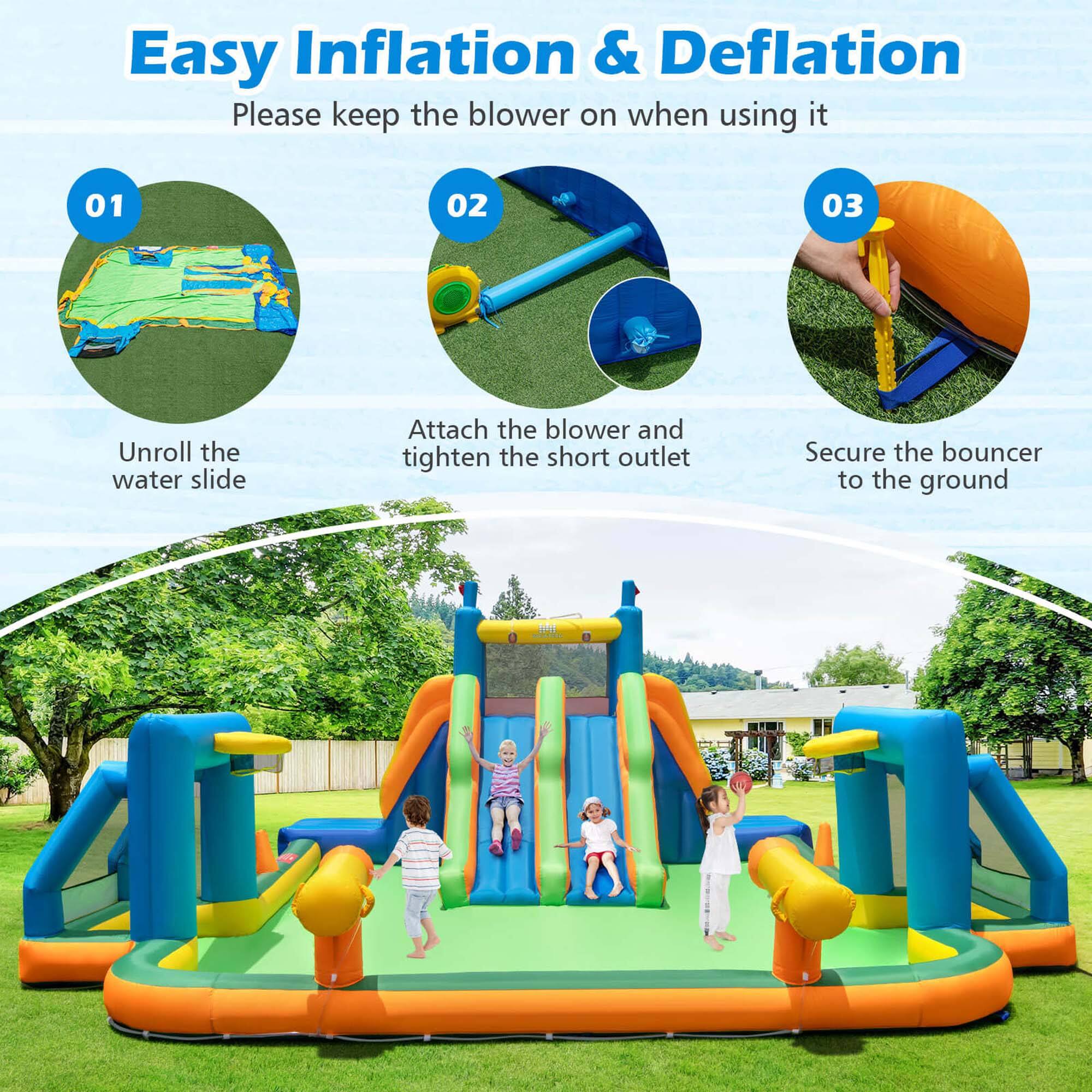 Easy Inflation & Deflation:

1. Please keep the blower on when using it.
2. Unroll the water slide.
3. Attach the blower and tighten the short outlet.
4. Secure the bouncer to the ground.
