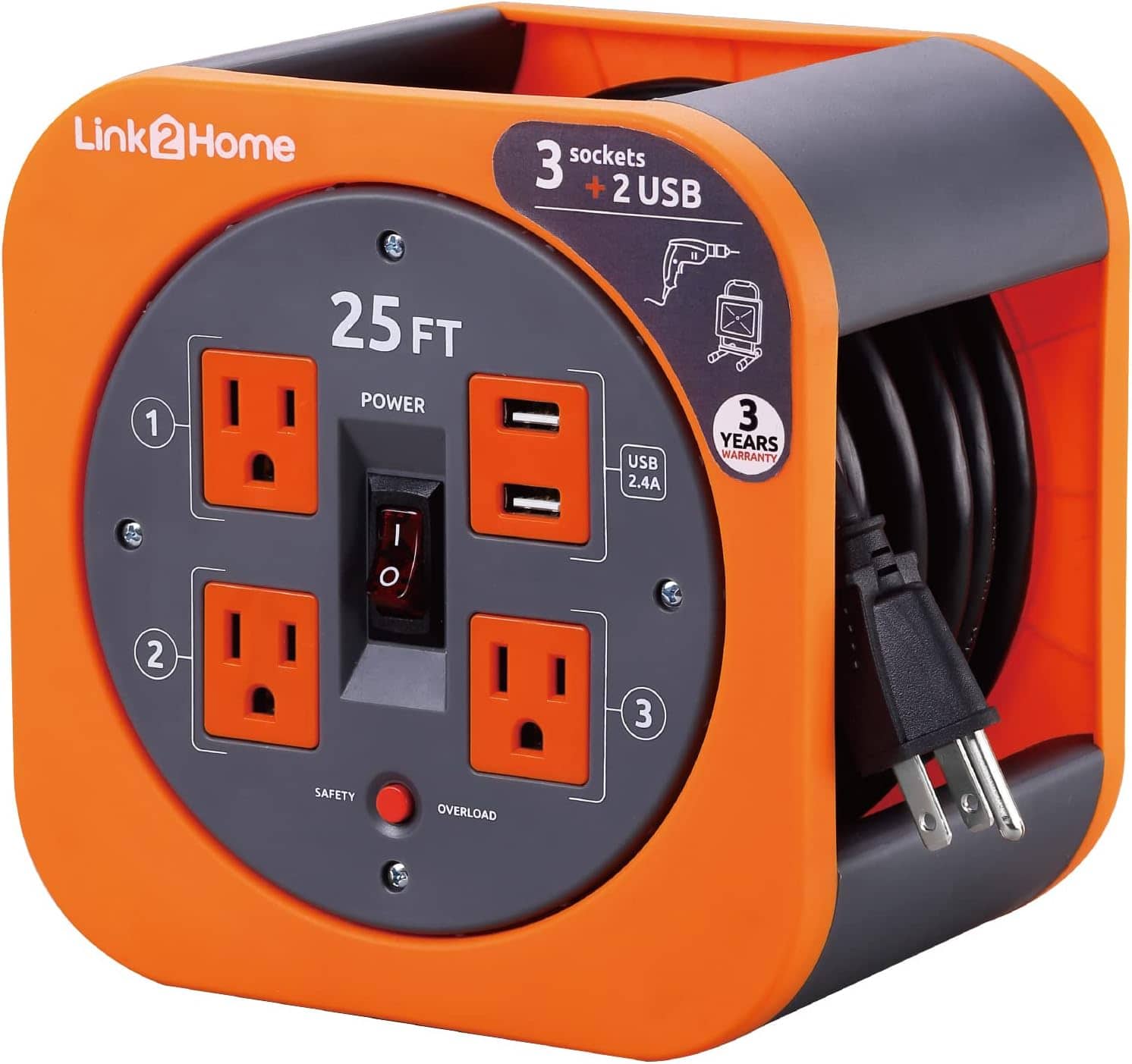 Link2Home - Cord Reel 25 ft. Extension Cord 4 Power Outlets, 2 USB Ports, 2.4A Fast Charge – 16 AWG SJT Cable - Orange