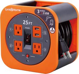 Link2Home - Cord Reel 25 ft. Extension Cord 4 Power Outlets, 2 USB Ports, 2.4A Fast Charge – 16 AWG SJT Cable - Orange