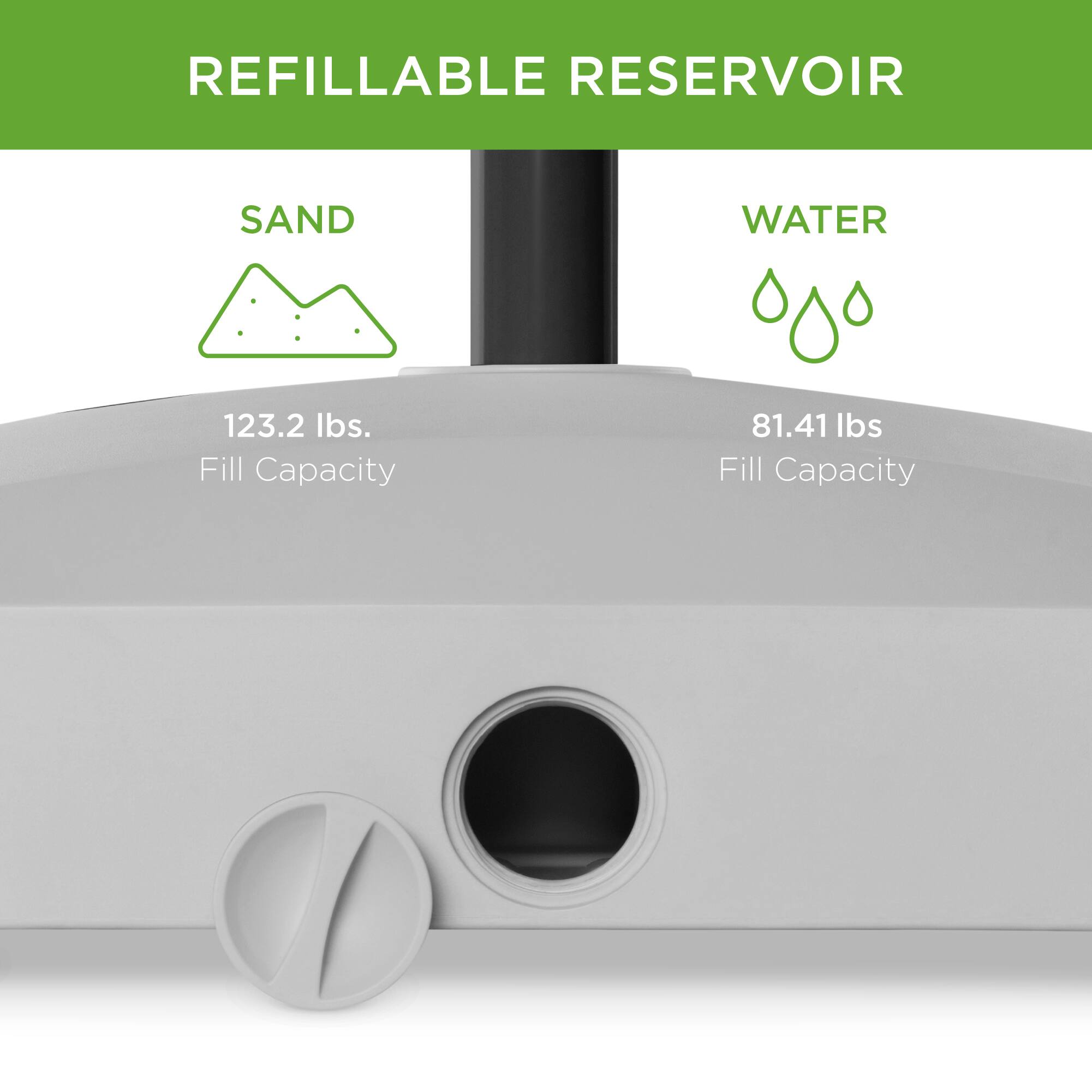 REFILLABLE RESERVOIR

SAND  
123.2 lbs.  
Fill Capacity

WATER  
81.41 lbs  
Fill Capacity