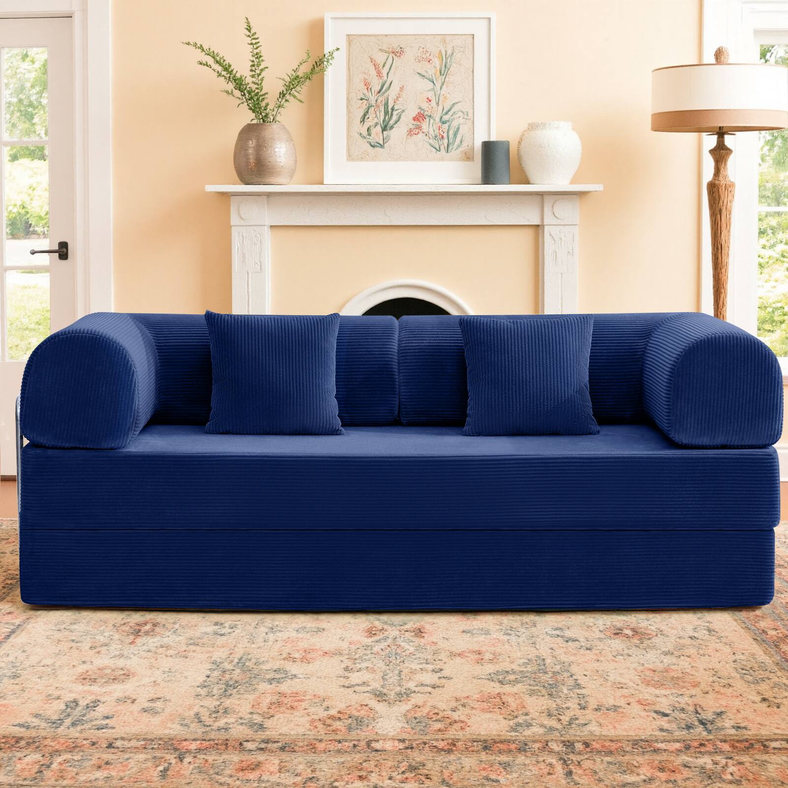 Alt View 4. KERDOM - 78 Inch W Sectional Modular Sofa, 3-4 Person Corduroy Sofa Bed Foldable, High Rebound Density Sponge Sofa, Block Couch - Navy Blue.