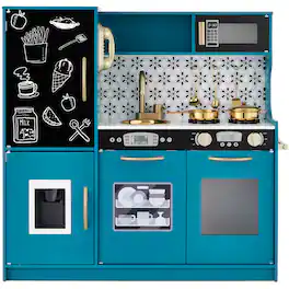 Best Choice Products - Pretend Play Kitchen Wooden Toy Set for Kids w/ Telephone, Utensils, Oven, Microwave - Teal
