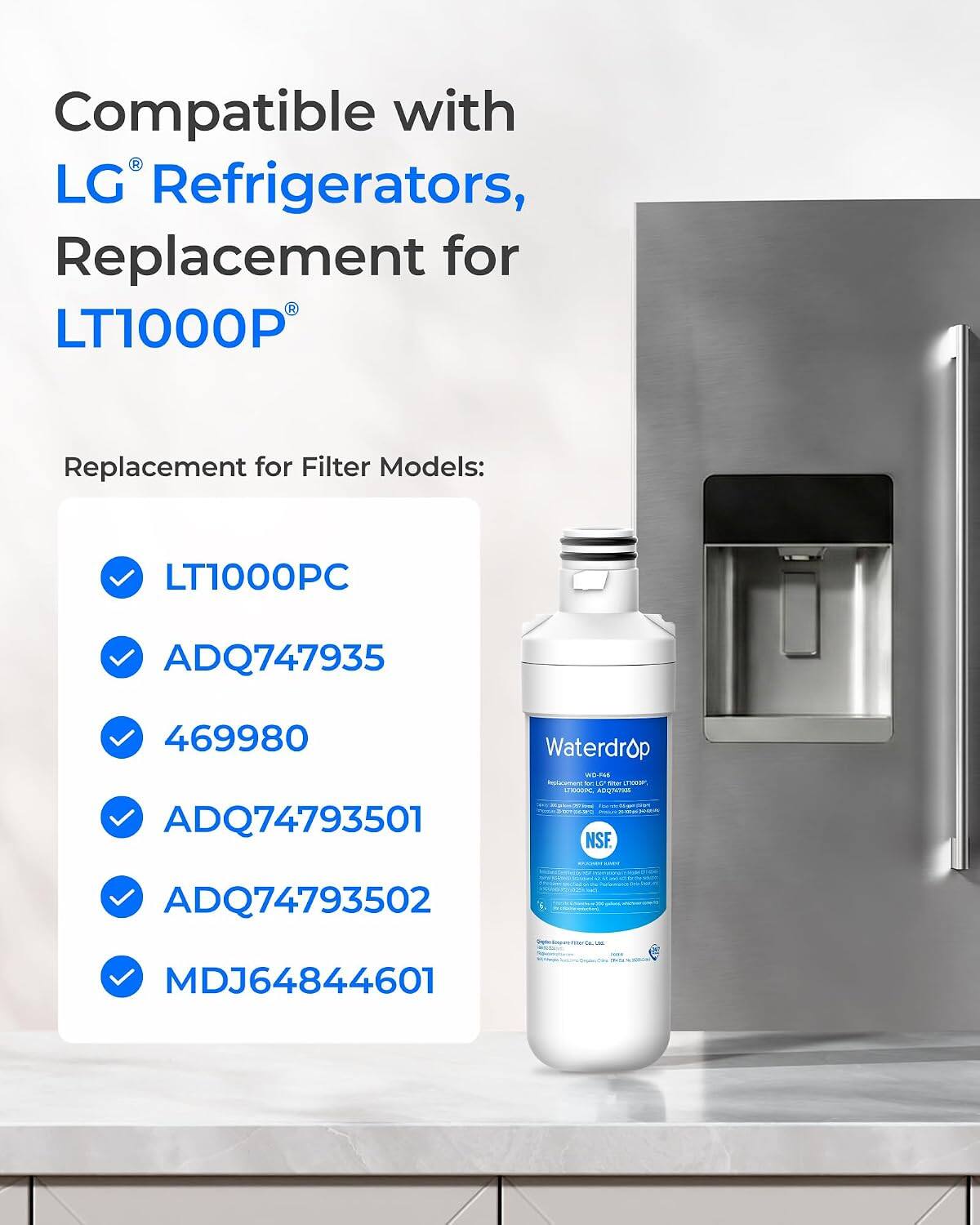Compatible with LG Refrigerators, Replacement for LT1000P

Replacement for Filter Models:
- LT1000PC
- ADQ747935
- 469980
- ADQ74793501
- ADQ74793502
- MDJ64844601