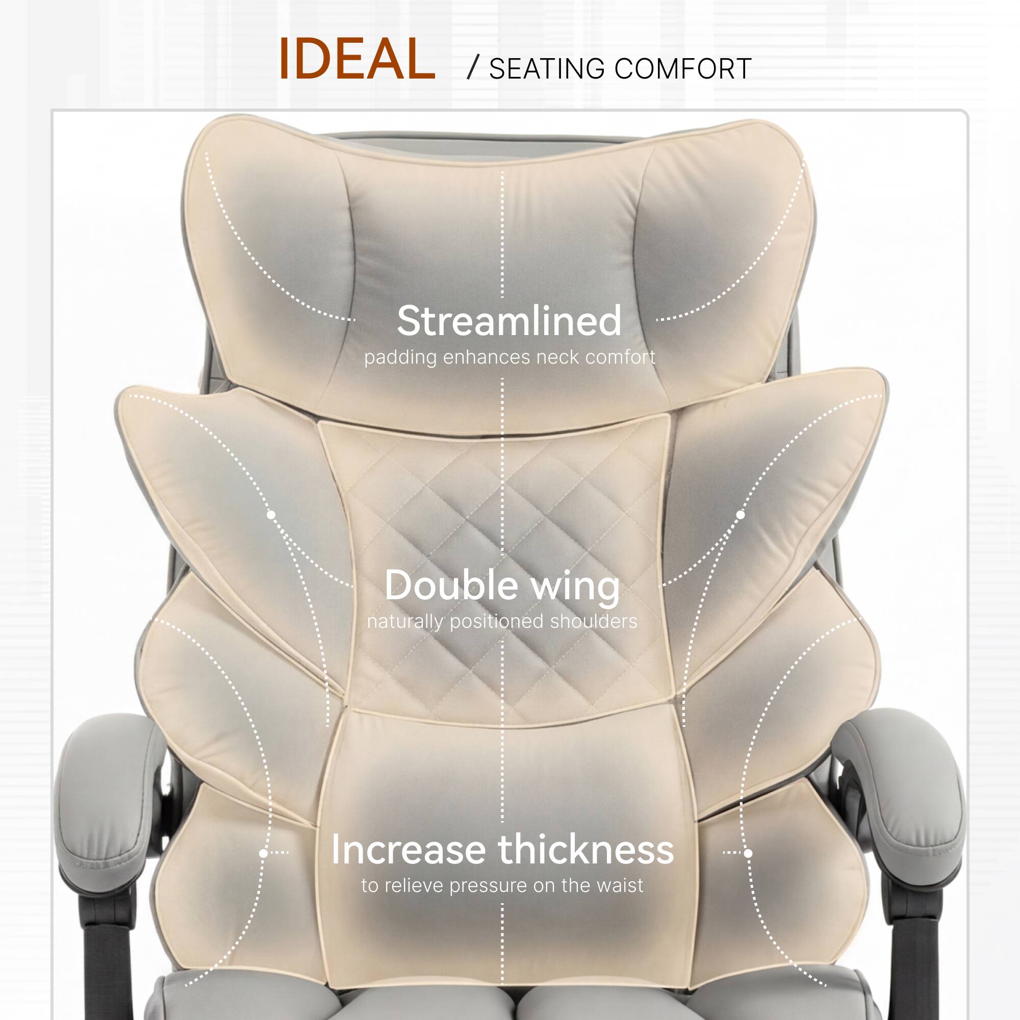 IDEAL / SEATING COMFORT

Streamlined padding enhances neck comfort

Double wing naturally positioned shoulders

Increase thickness to relieve pressure on the waist