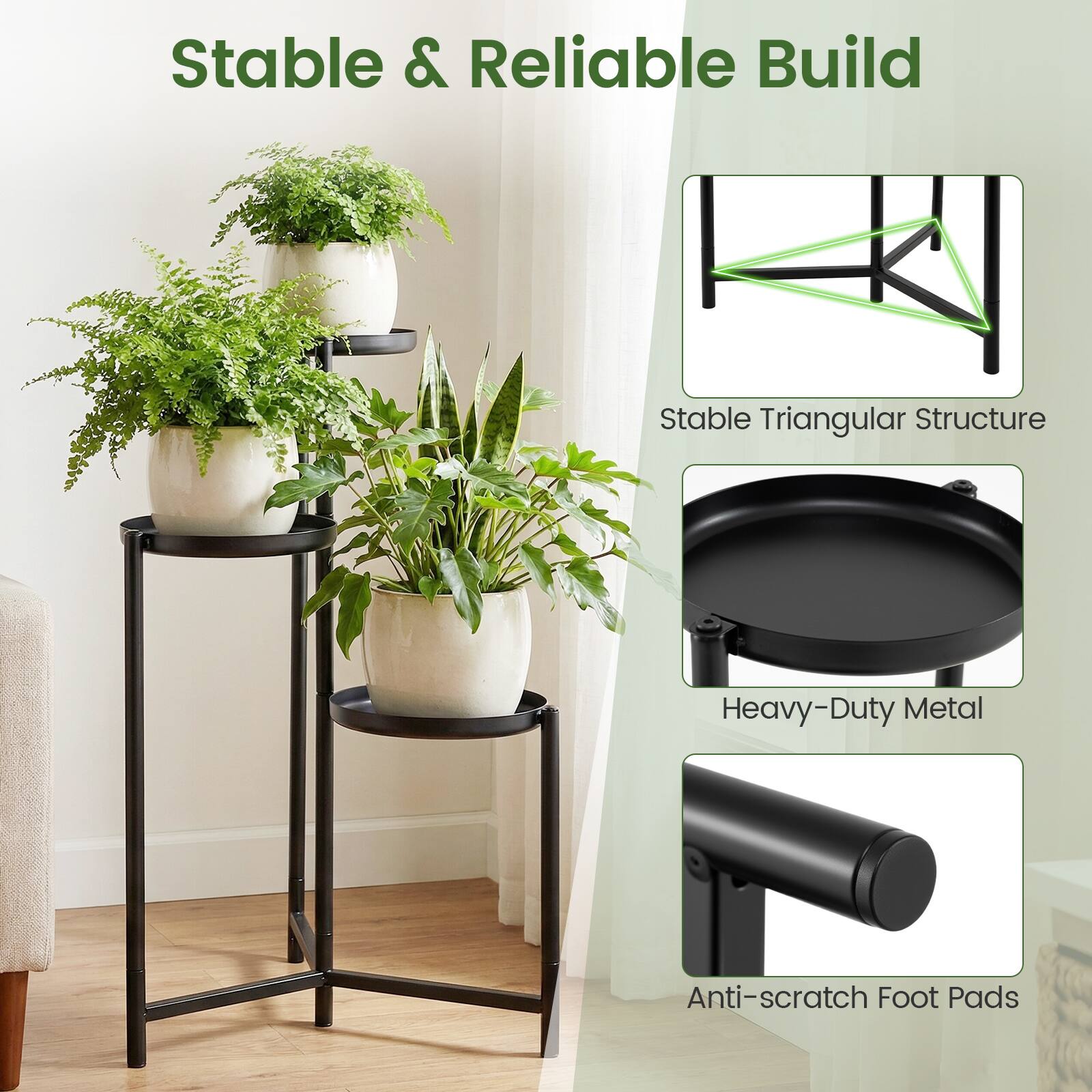 Stable & Reliable Build

- Stable Triangular Structure
- Heavy-Duty Metal
- Anti-scratch Foot Pads