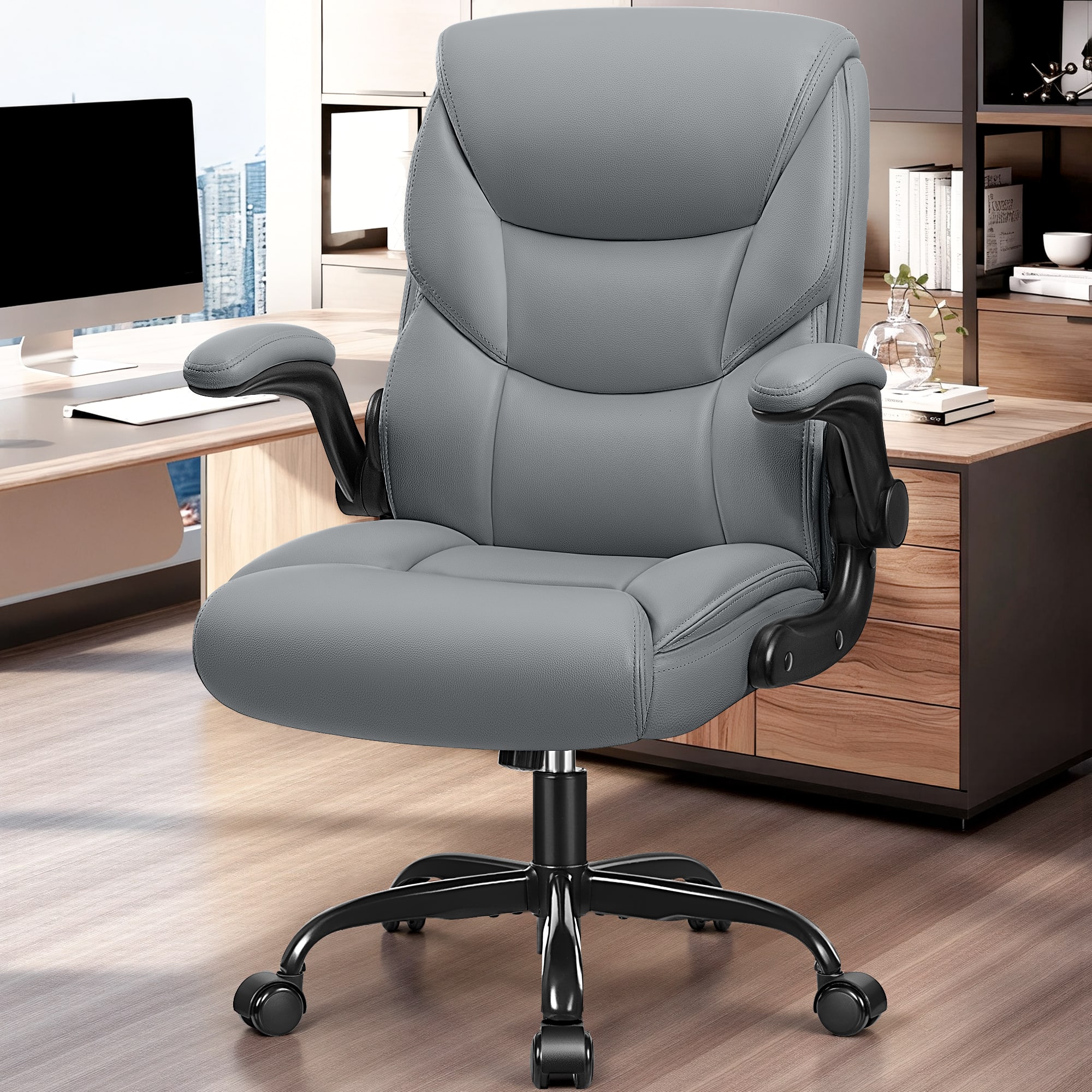 KERDOM - PU Leather Ergonomic Home Desk Chair, Tilt Swivel Mid Back Computer Chair Adjustable Height, Padded Flip-Up Armrests - Gray