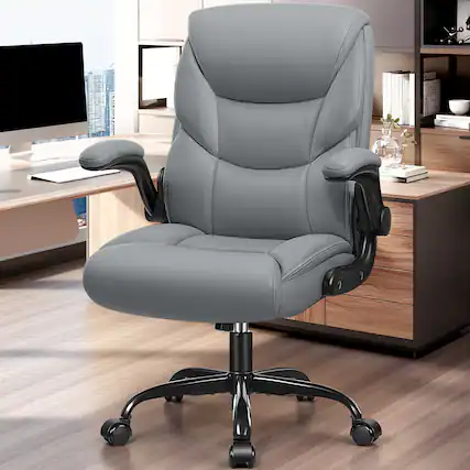 Front. KERDOM - PU Leather Ergonomic Home Desk Chair, Tilt Swivel Mid Back Computer Chair Adjustable Height, Padded Flip-Up Armrests - Grey.