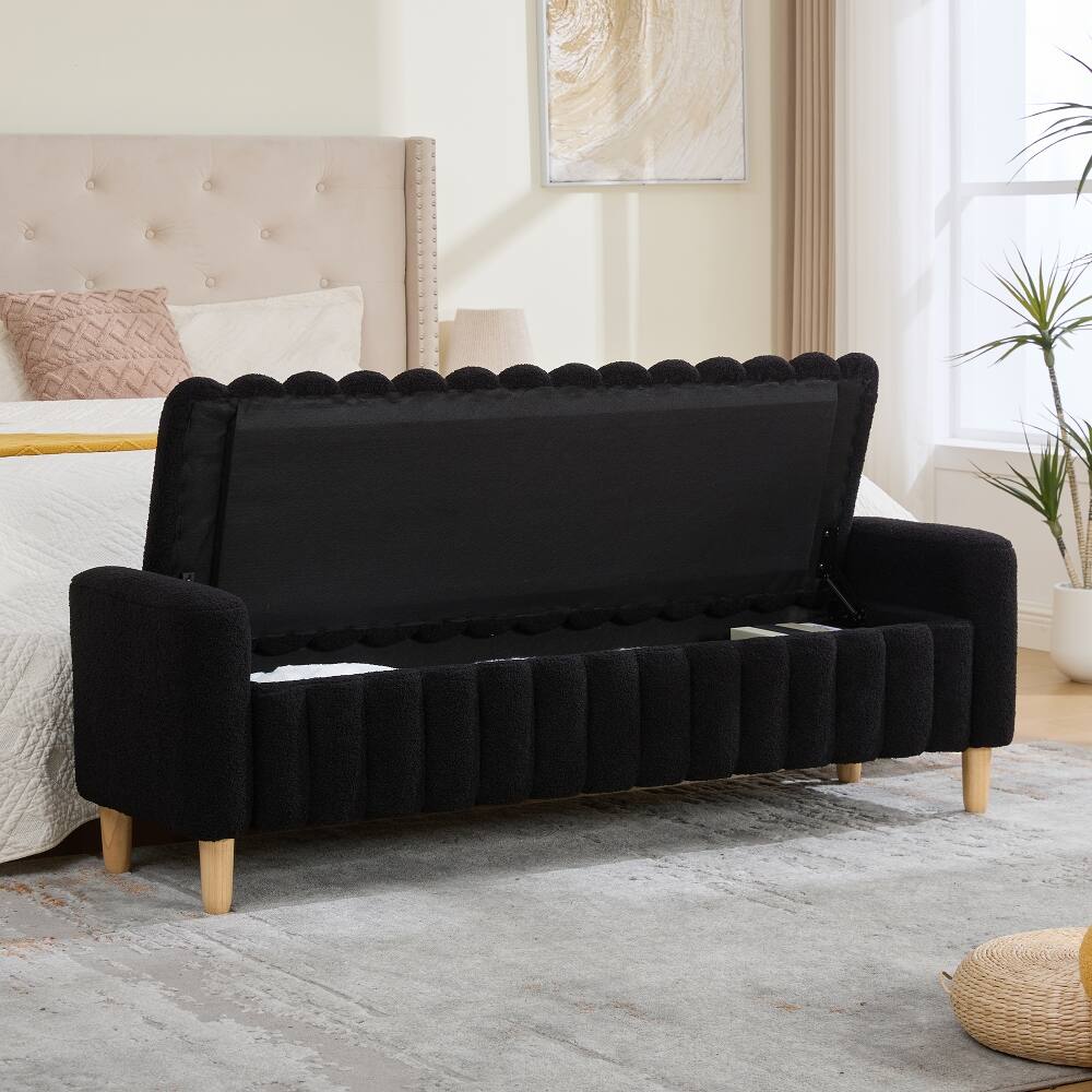 Alt View 3. Ropilly - Ropilly Black Upholstered Storage Bench, Teddy Fabric End of Bed Bench with Armrests and Wood Legs for Entryway - Black.