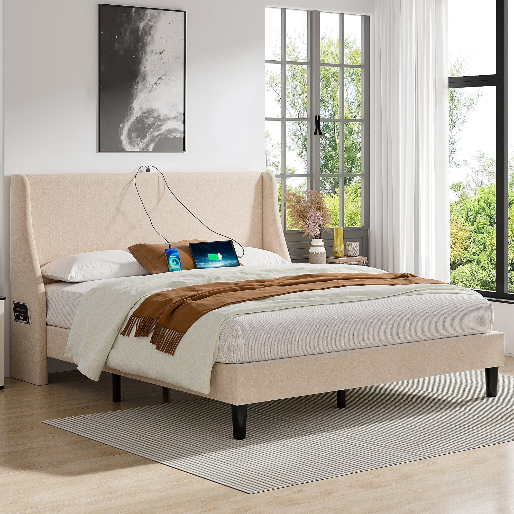Vecelo - Upholstered Bed Frame with Headboard and Wingback, Queen Size Bed Frame, Platform Bed with USB, and Type-C Ports - Beige